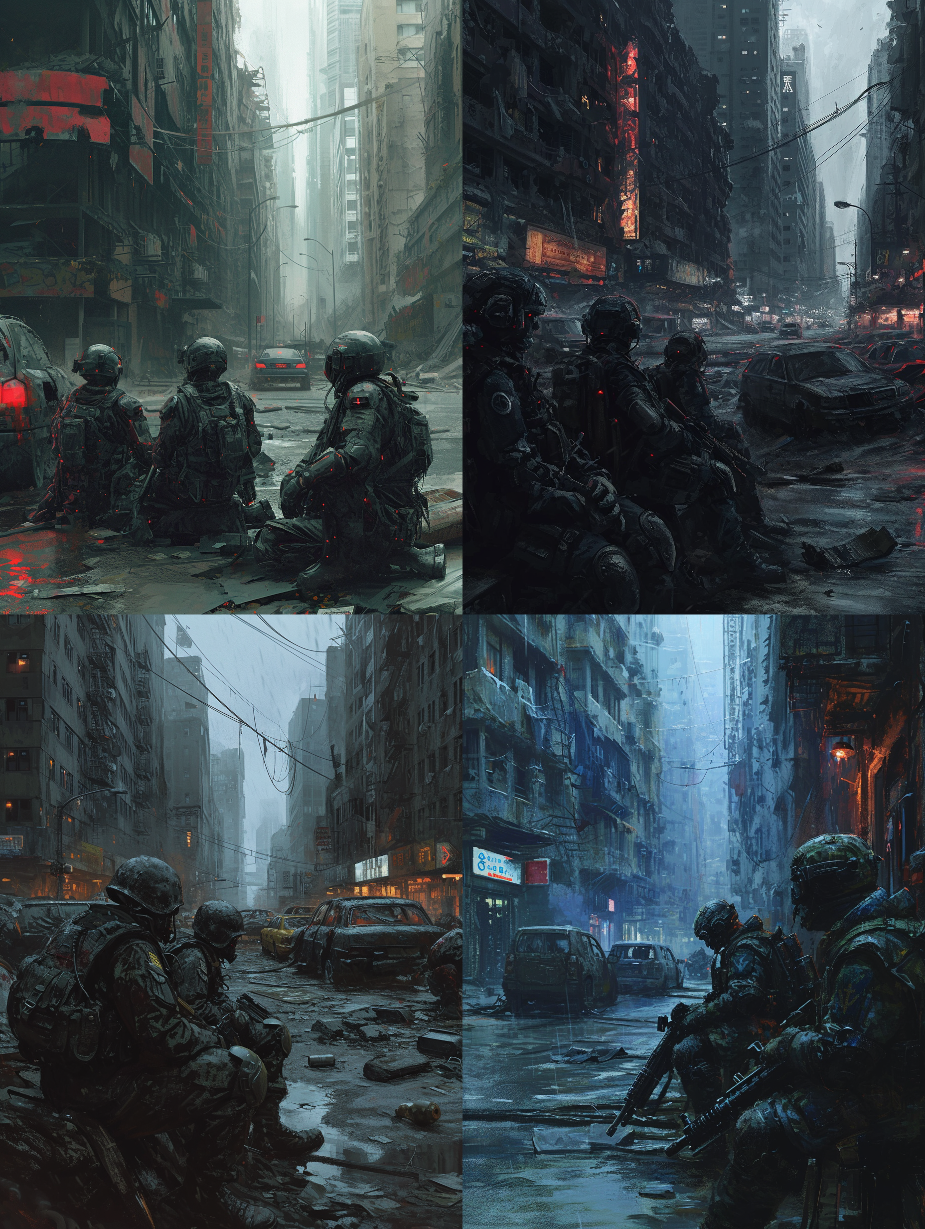 疲惫的战士，血迹斑斑的盔甲，坐在废墟满布的城市街道上。倒塌的建筑物，废弃的汽车，阴沉的天空。粗糙的现实主义，高细节，忧郁的情绪，动态照明，末世氛围，街景，傍晚光线，深色阴影。