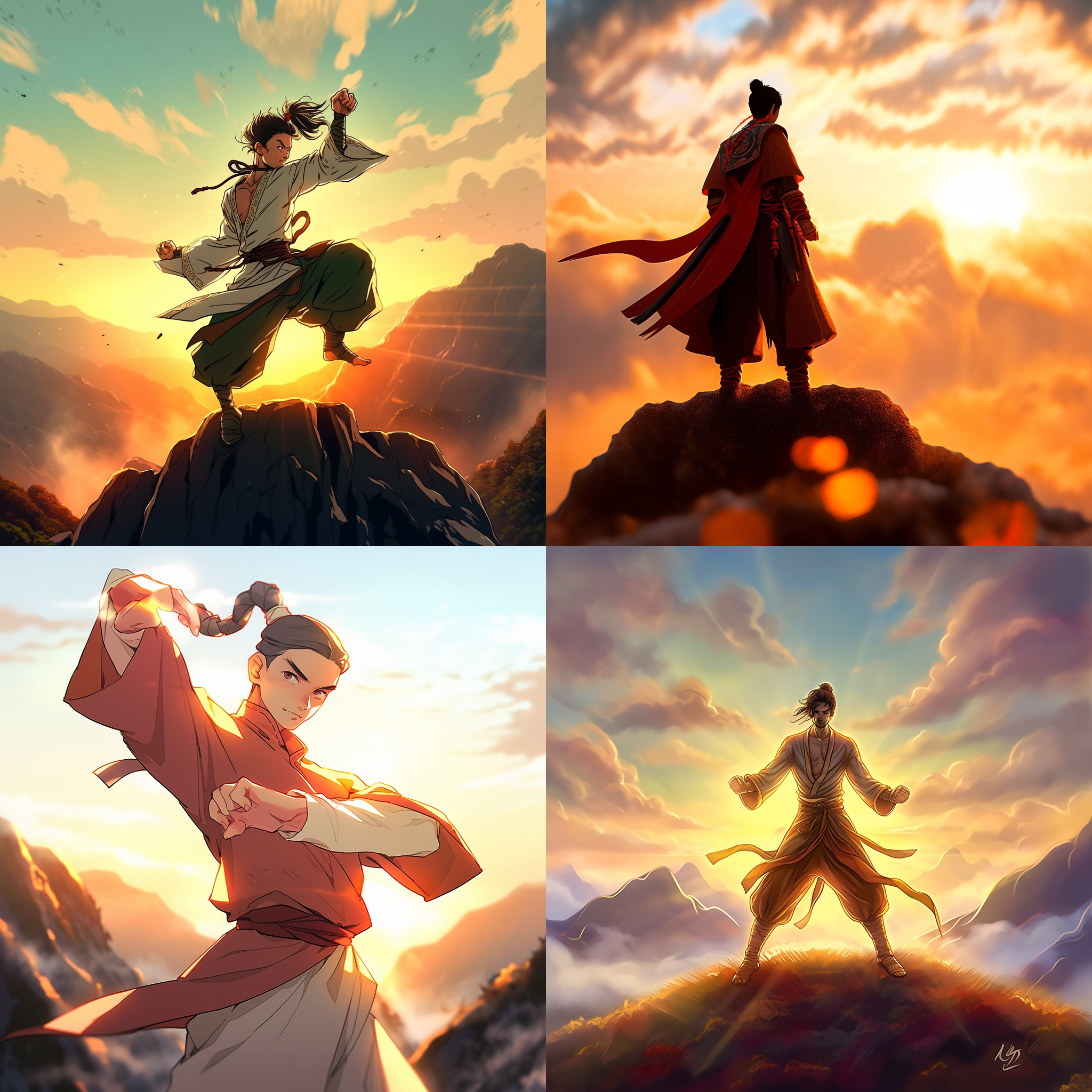 孙悟饭站在山顶，背景是壮丽的日出。他身穿传统的武道服，面带坚定表情。日本动漫风格，高清晰度，明亮色彩，动作凌厉，自信勇敢，战斗场景。广角镜头，对焦点在孙悟饭身上，背景模糊，光线柔和。