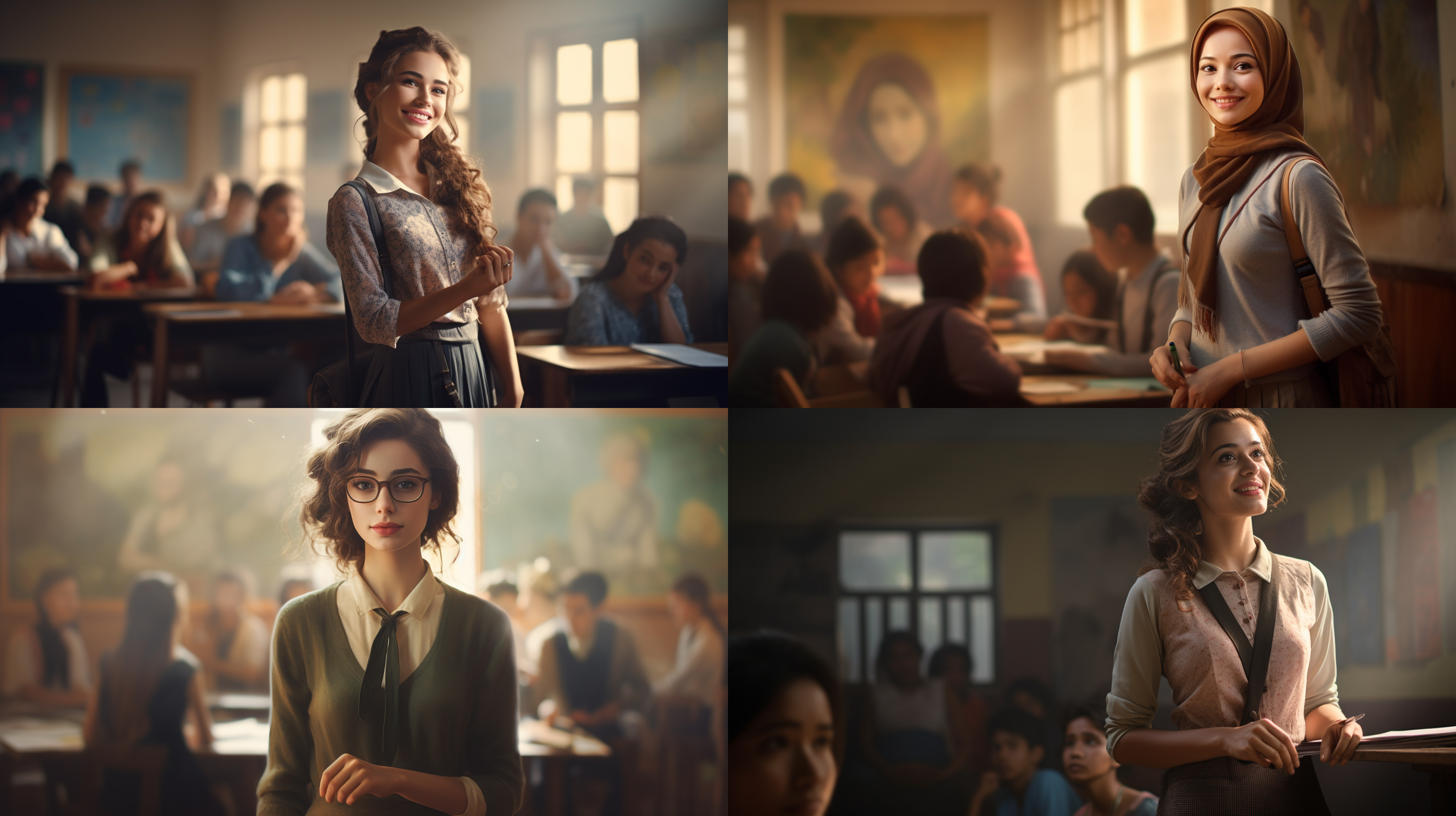 老师，女性，人物在右侧，教室内，清晰焦点，自然光线，柔和色调，中长焦镜头，微笑，亲切，温暖，专注。