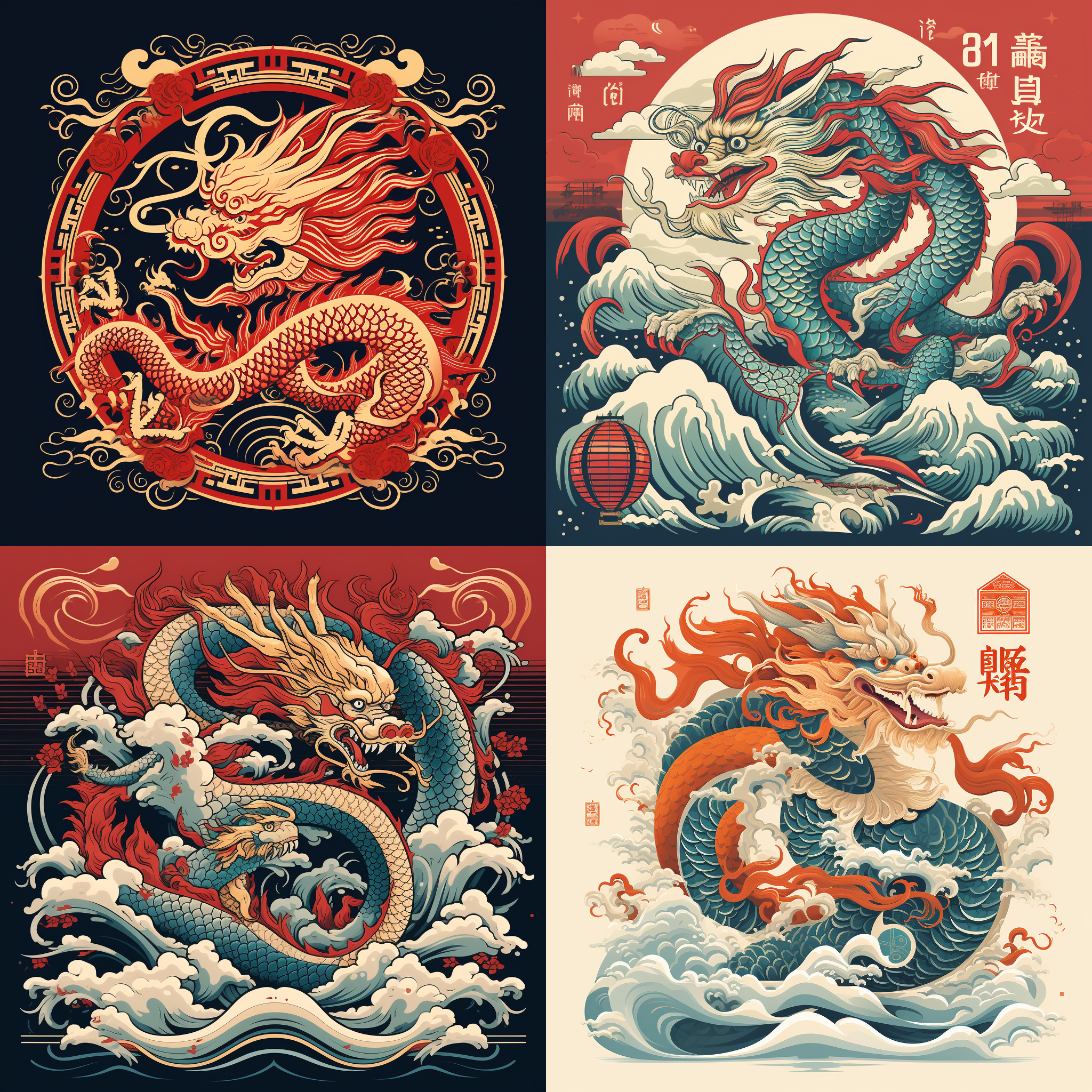 2024年龙年海报设计，充满活力和喜庆，融入传统中国元素和红色、金色等颜色。特色是一只威严的、风格化的中国龙，在云中优雅地盘旋或翱翔。龙在中国文化中象征力量、力量和好运。包括中国书法的元素，可能是“龙”（龙）和“2024”字样。设计适合40cm宽、60cm高的海报，确保构图平衡和视觉吸引力。