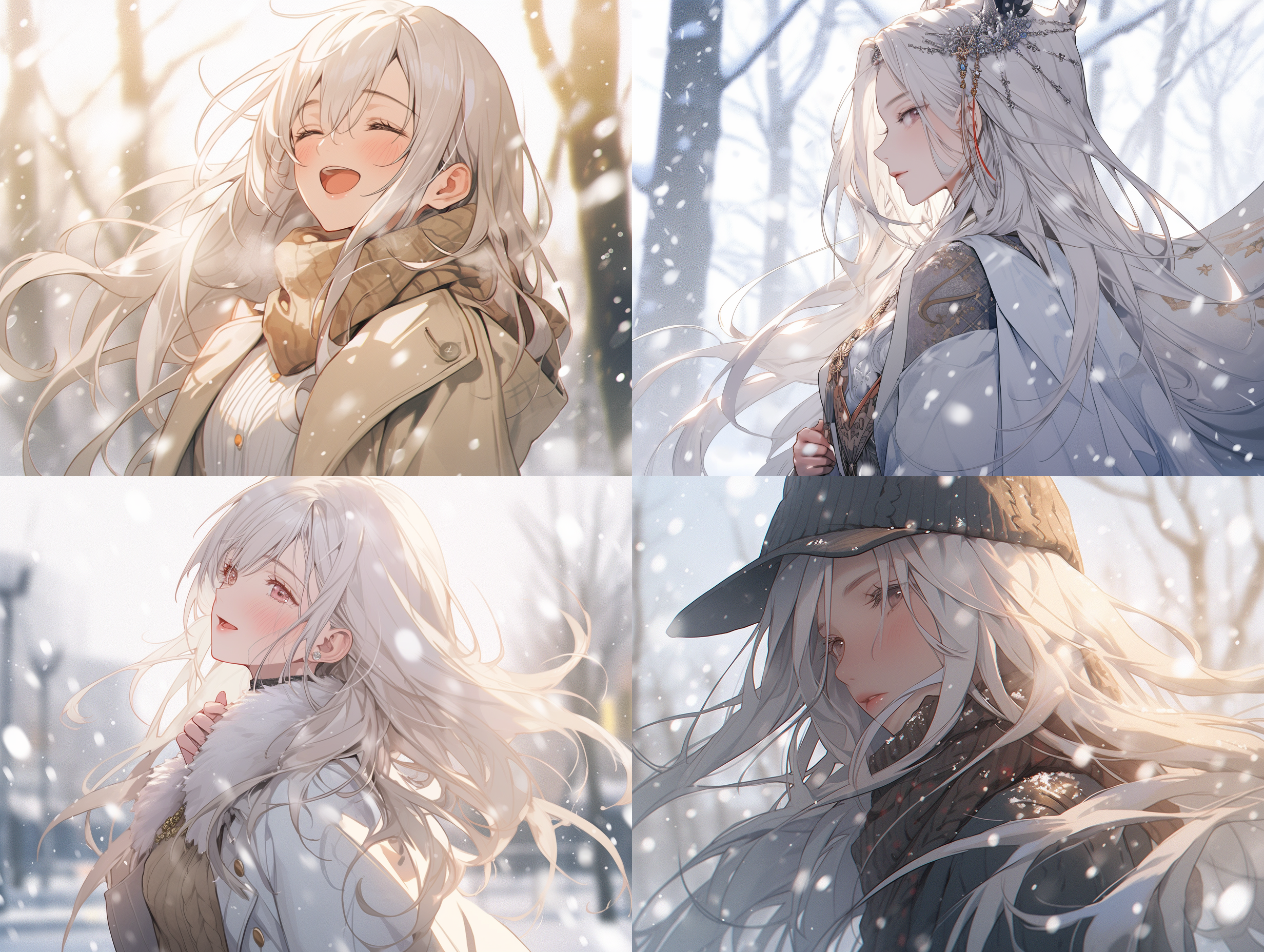 女子，美丽，活泼，白色长发，浅色衣服，下雪