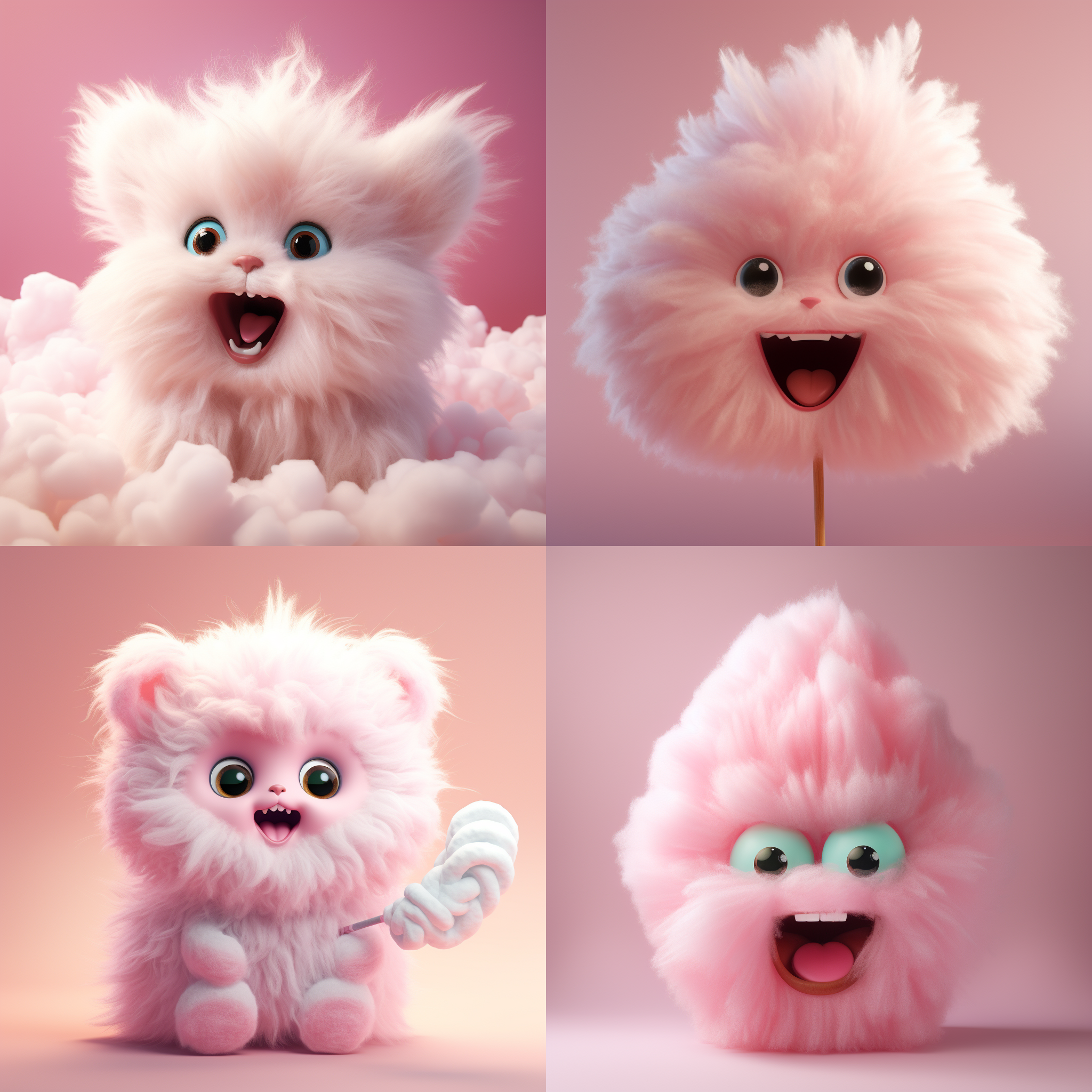 开心的棉花糖，柔和光线，细腻线条，高清画质，笑容可掬，大嘴巴，可爱耳朵，温暖色调。