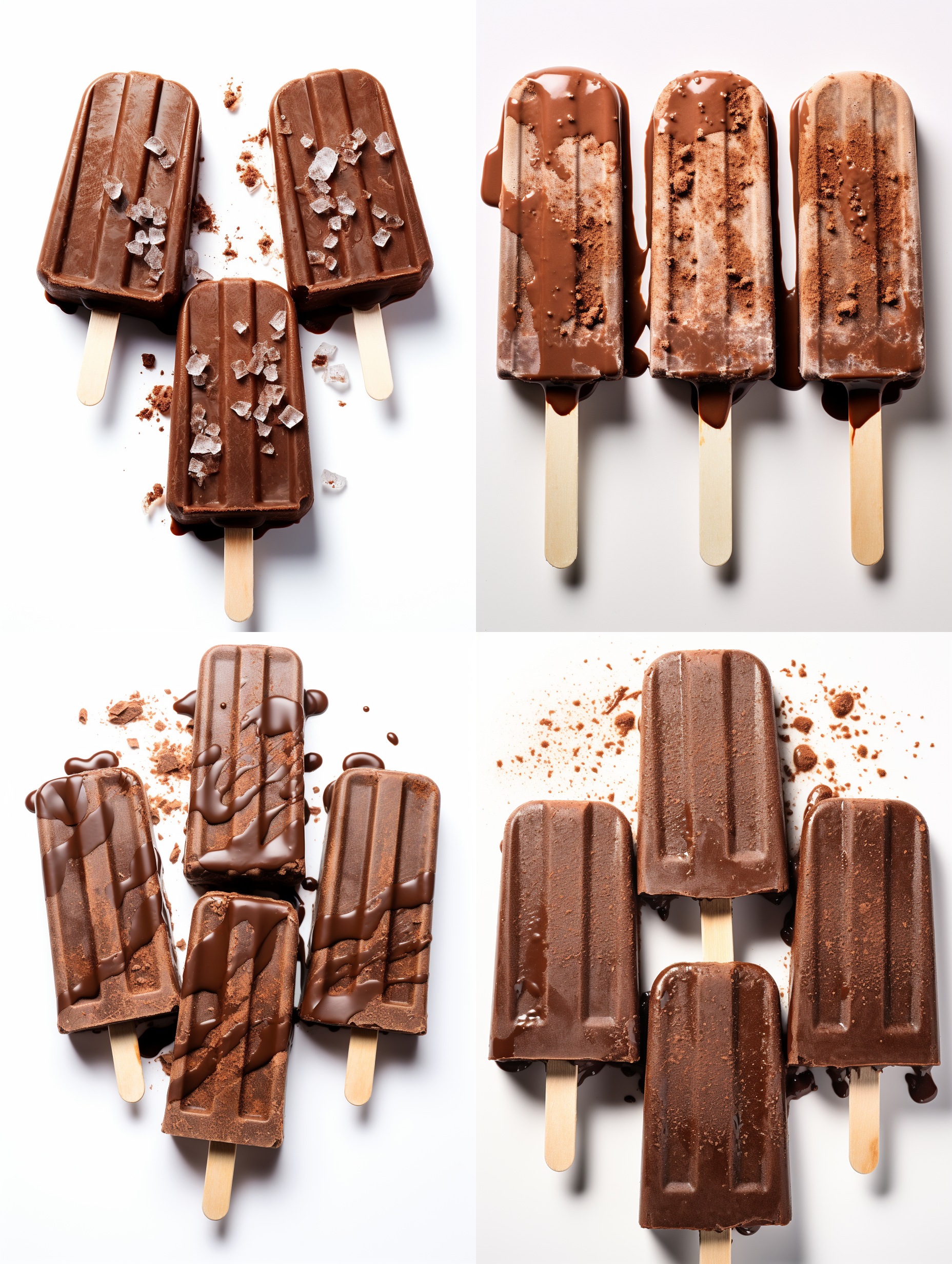 脆皮巧克力冰棍，白色背景。透视布局，清晰锐利，正中央构图，高饱和度，微距镜头，柔光，滴落动作，诱人，甜美。