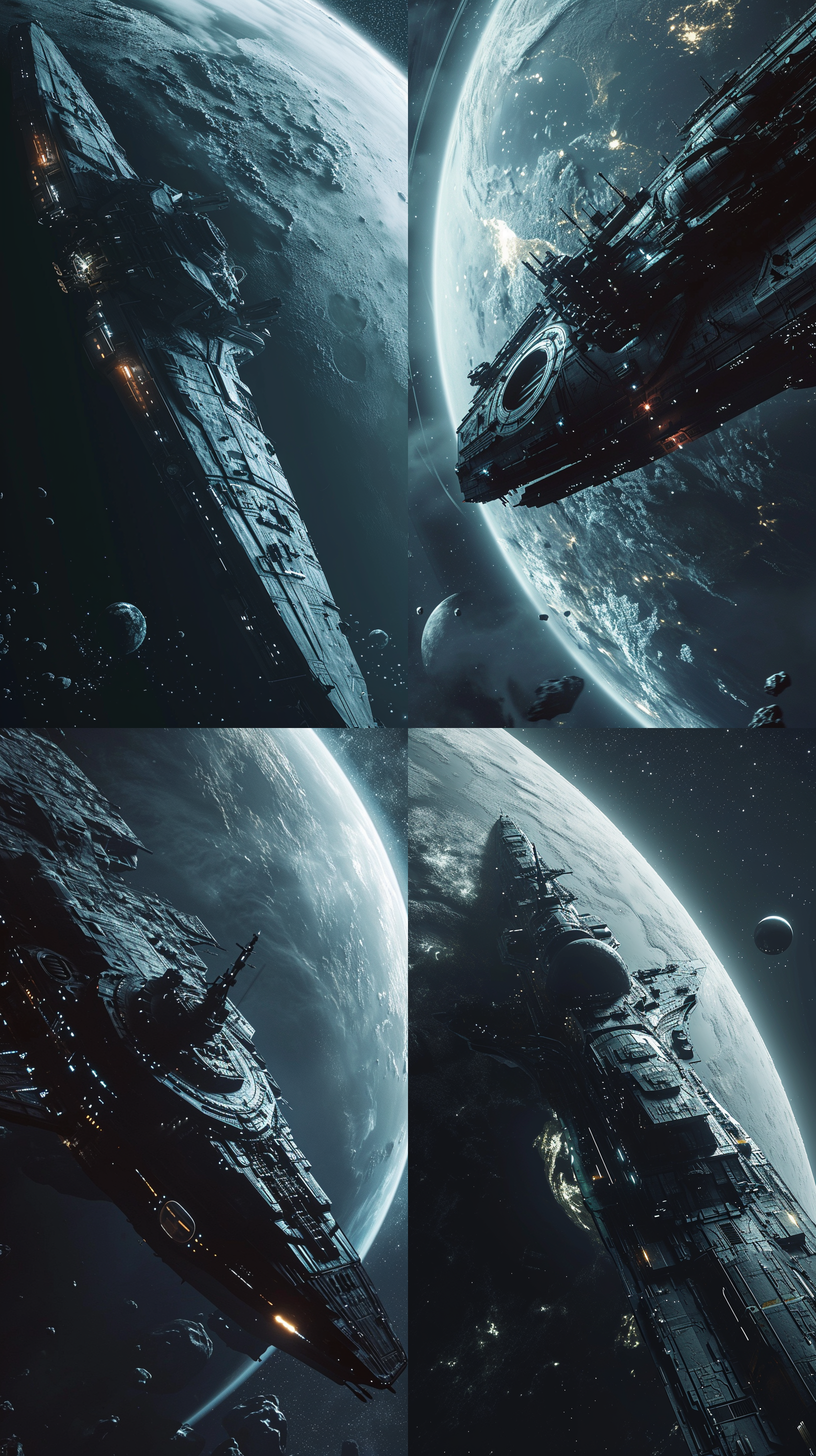 黑暗中，一架未来太空母舰在空间中损毁，周围是不明星球的景色。照片采用高对比度和冷色调，使用广角镜头展现宏伟的舰体和星球的壮丽景观。光线仅来自星球的微弱光芒，营造出紧张的氛围。虚拟引擎渲染，16k 画质！