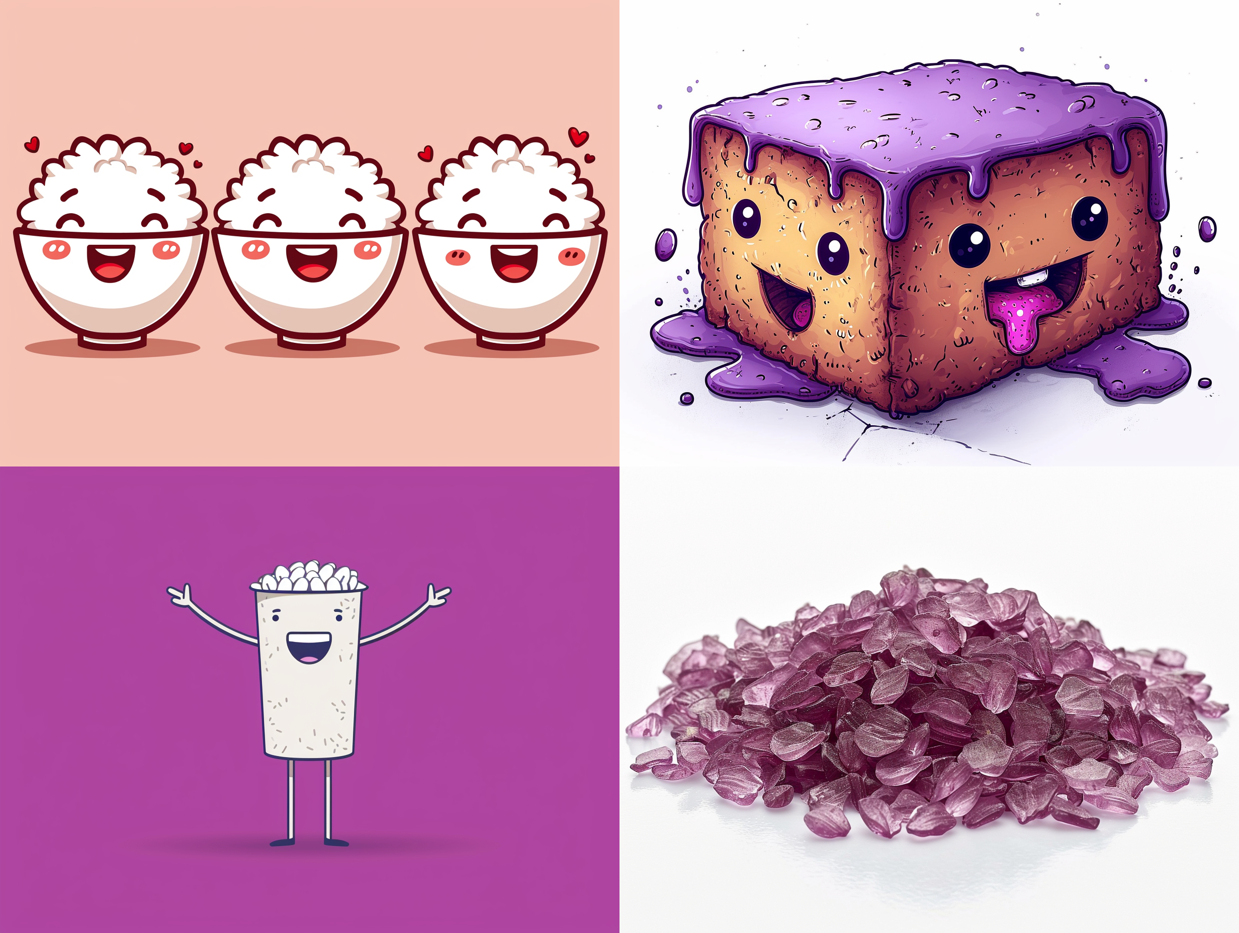 一粒紫色卡通米图片，可爱的线条风格插画，在白色背景下。细节丰富，用广角镜头拍摄，明亮柔和的光线照射。图片中有多个米粒形象，它们表情生动，活泼可爱。紫色的主题色调给人温暖和神秘的感觉。动画艺术 