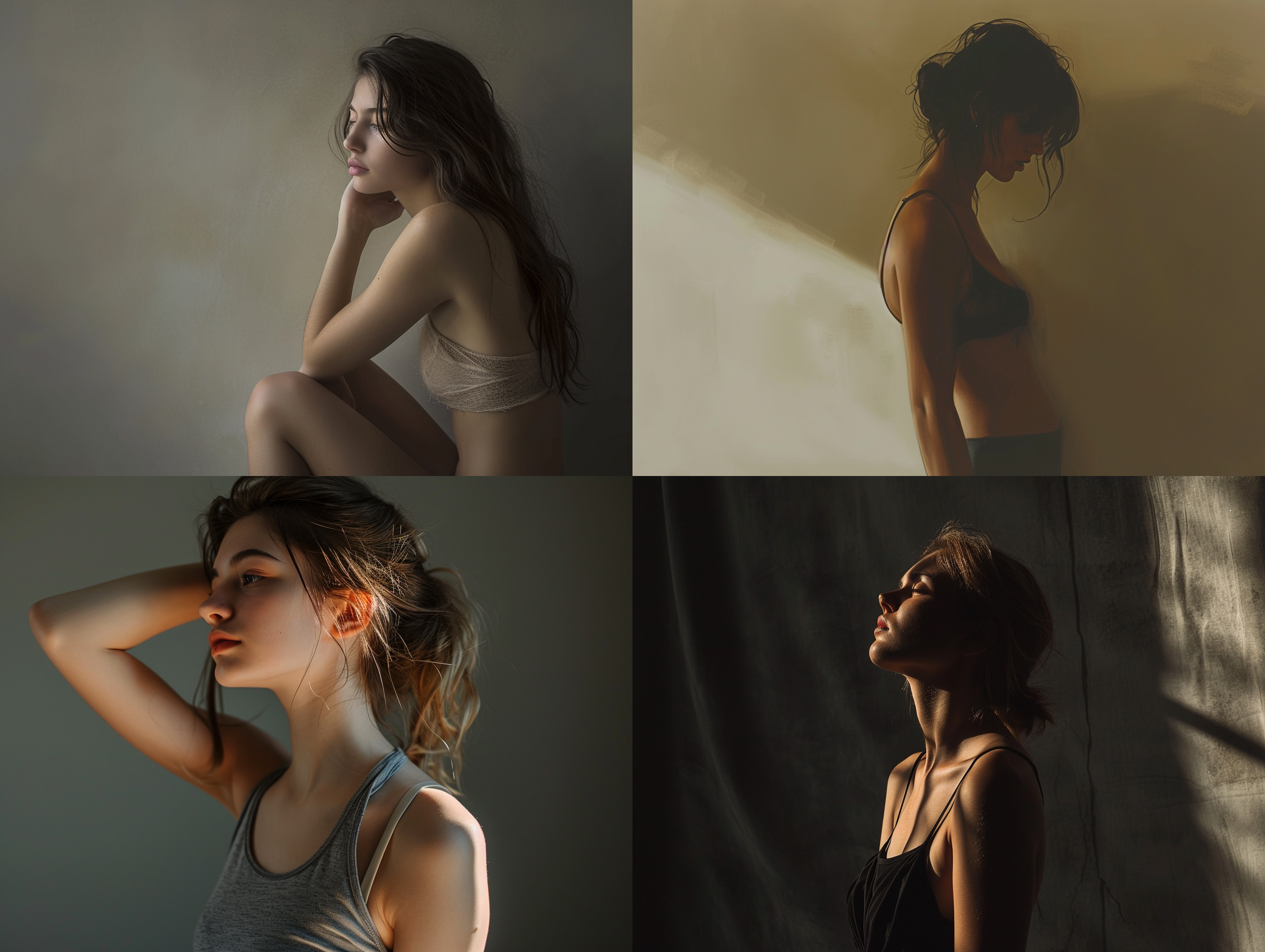 艺术人体，女性，柔和光线，纤细线条，半身，侧面，优雅姿态，非对称构图，自然肌肤，柔和色调，沉静情感。