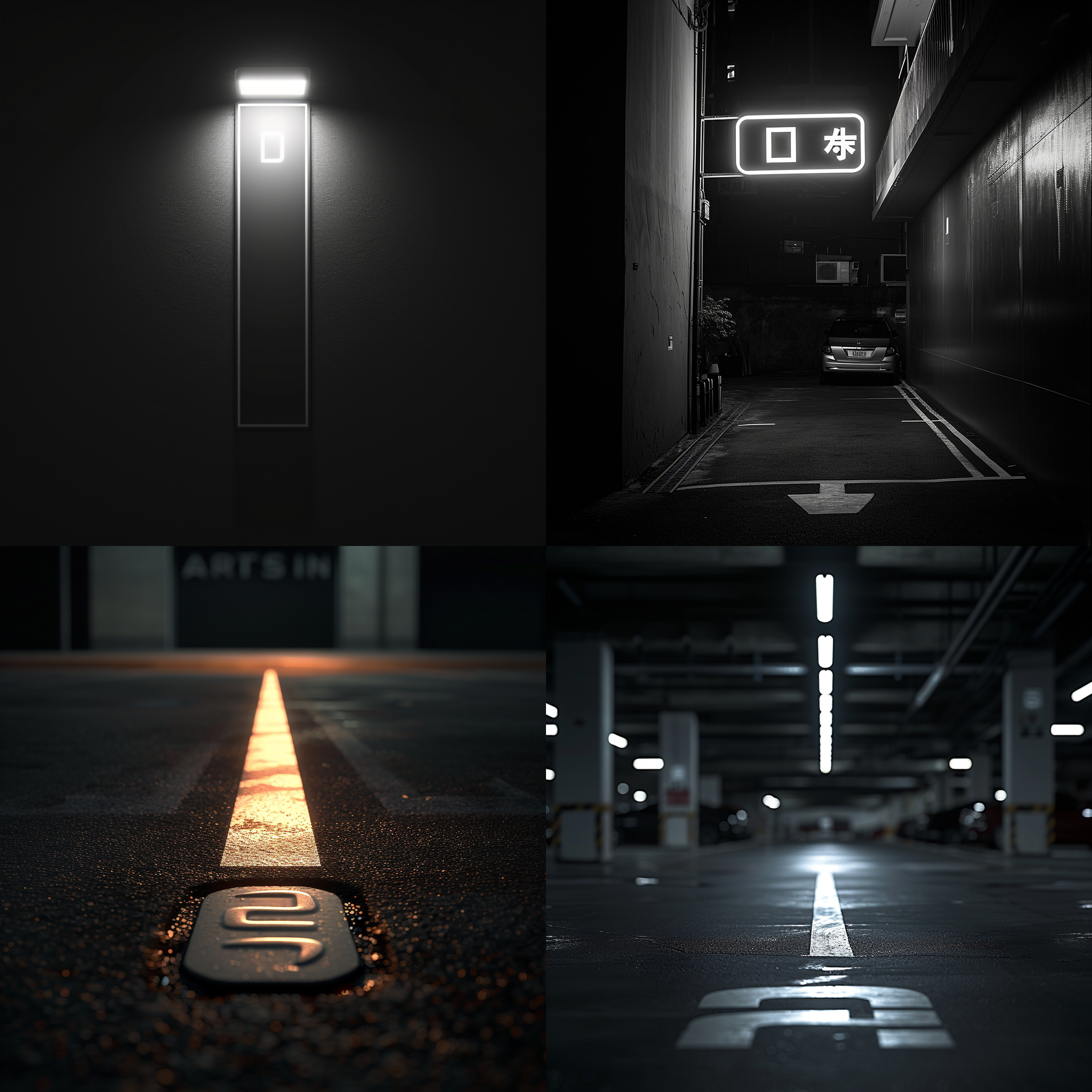 停车号码牌，黑色背景上有白色精致字体，字体上方是一束明亮的灯光照射着，形成醒目的光影效果。整体构图简洁大气，色彩对比强烈，给人高端有创意的感觉。