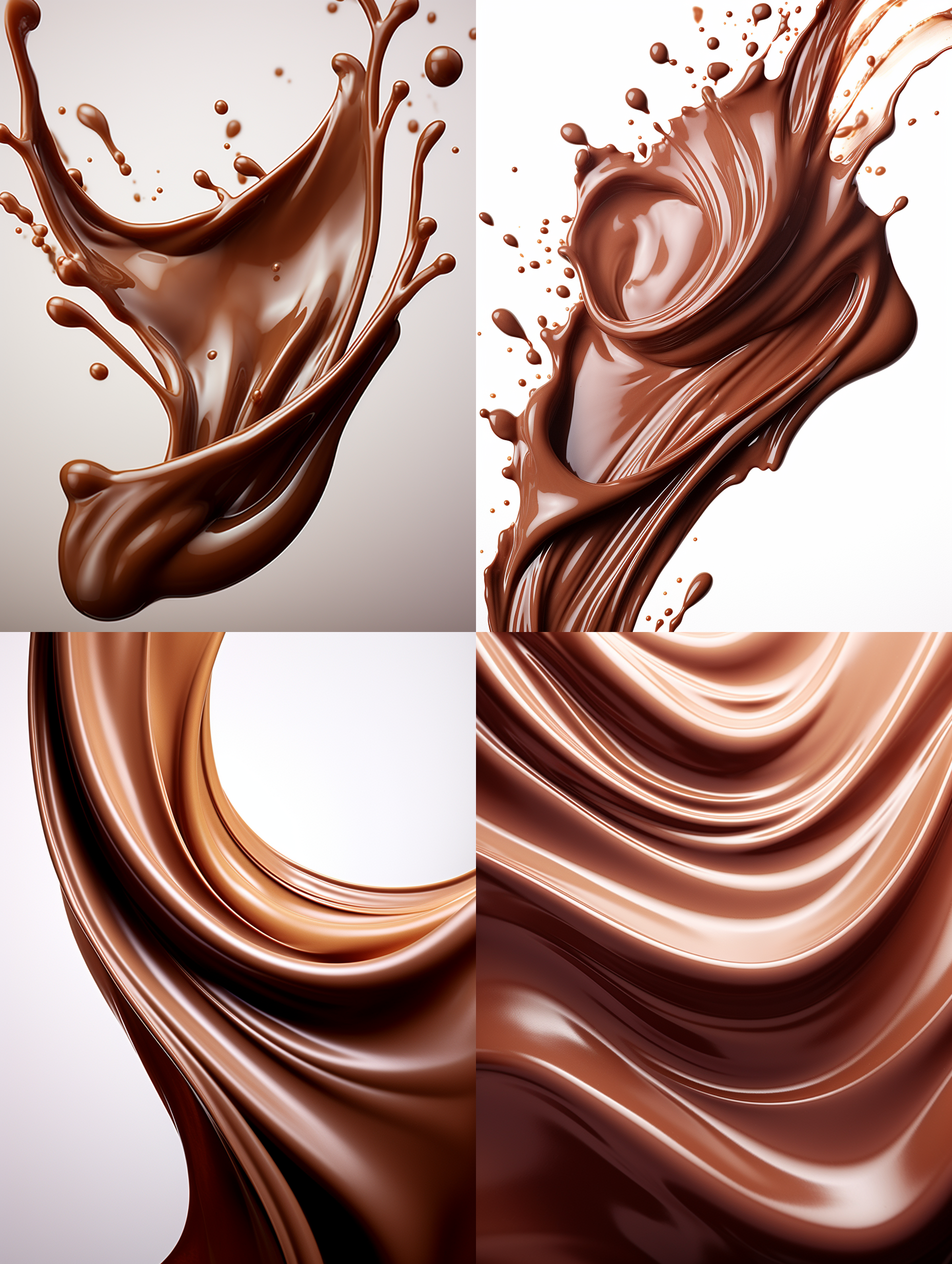 巧克力，丝滑，白色背景，高饱和度，正中布局，微距镜头，柔光，流动，诱人，浓郁。