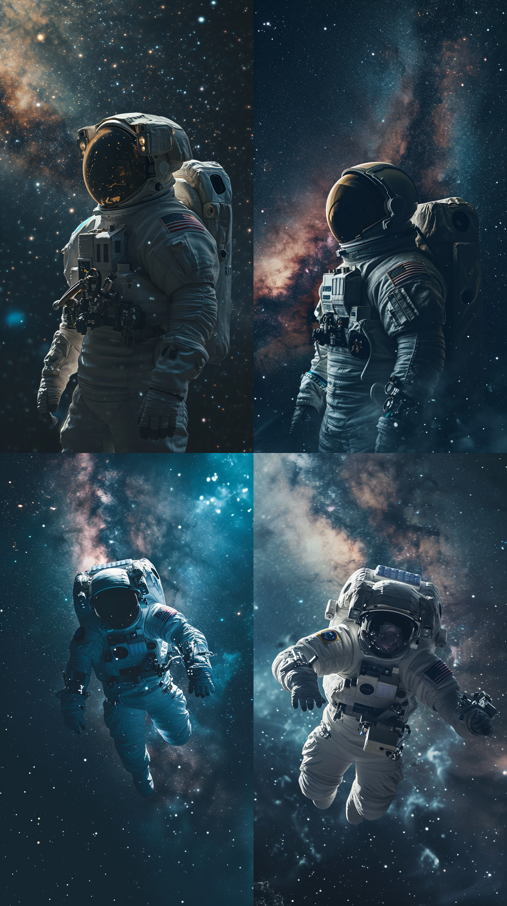 外太空，星际飞船漂浮在宇宙中，背景是无尽的星星和银河系，光线柔和而神秘，色调为冷色调，使用长焦镜头拍摄，星际飞船上有宇航员，他们身着宇航服，表情专注而充满探索的激情，展现了人类对未知宇宙的勇敢探索和无限想象。