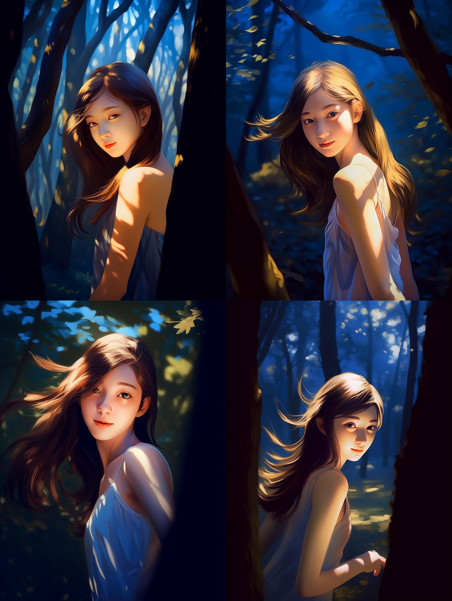 梦游仙境，在树影下，光影强烈，黄金时刻，宽景风格，长焦镜头，逆光，奔跑，欢乐，蓝色。