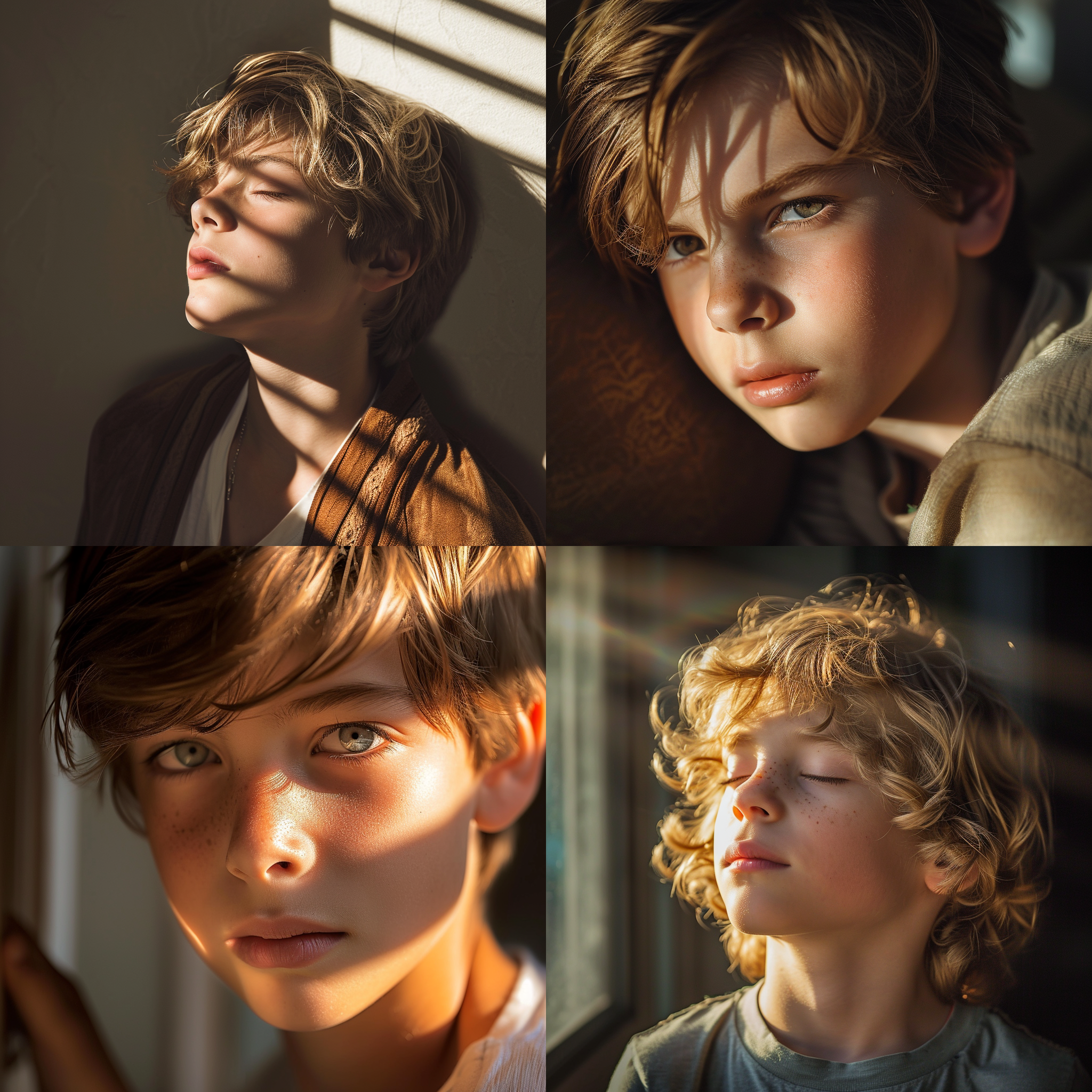 欧美男孩，正脸，阳光下面，中心构图，室内，长焦镜头，明亮光线，放松动作，轻快氛围。