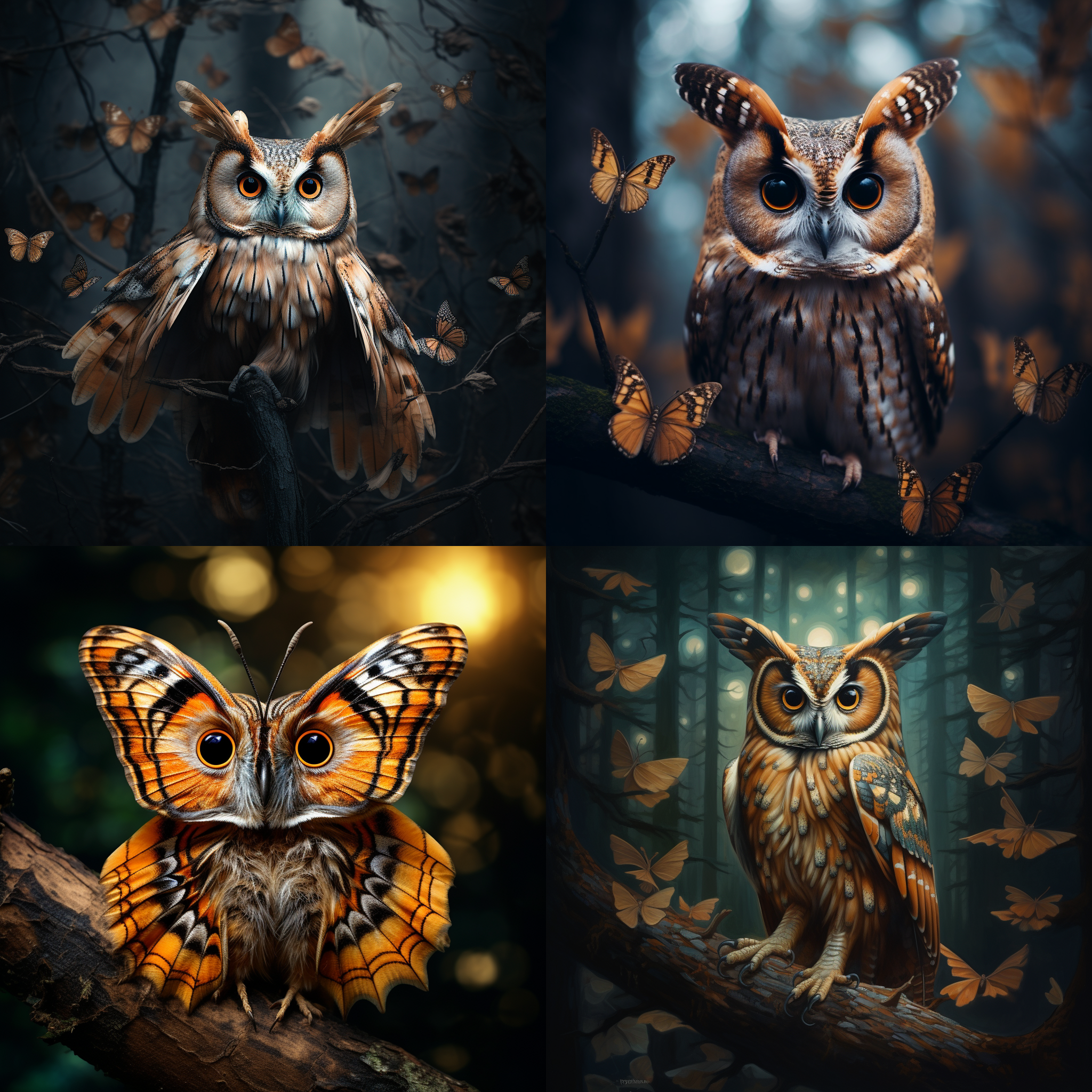 一只蝴蝶飞到站到纵纹腹小鸮的头顶上，纵纹腹小鸮抬眼看，树杈上，背景虚化