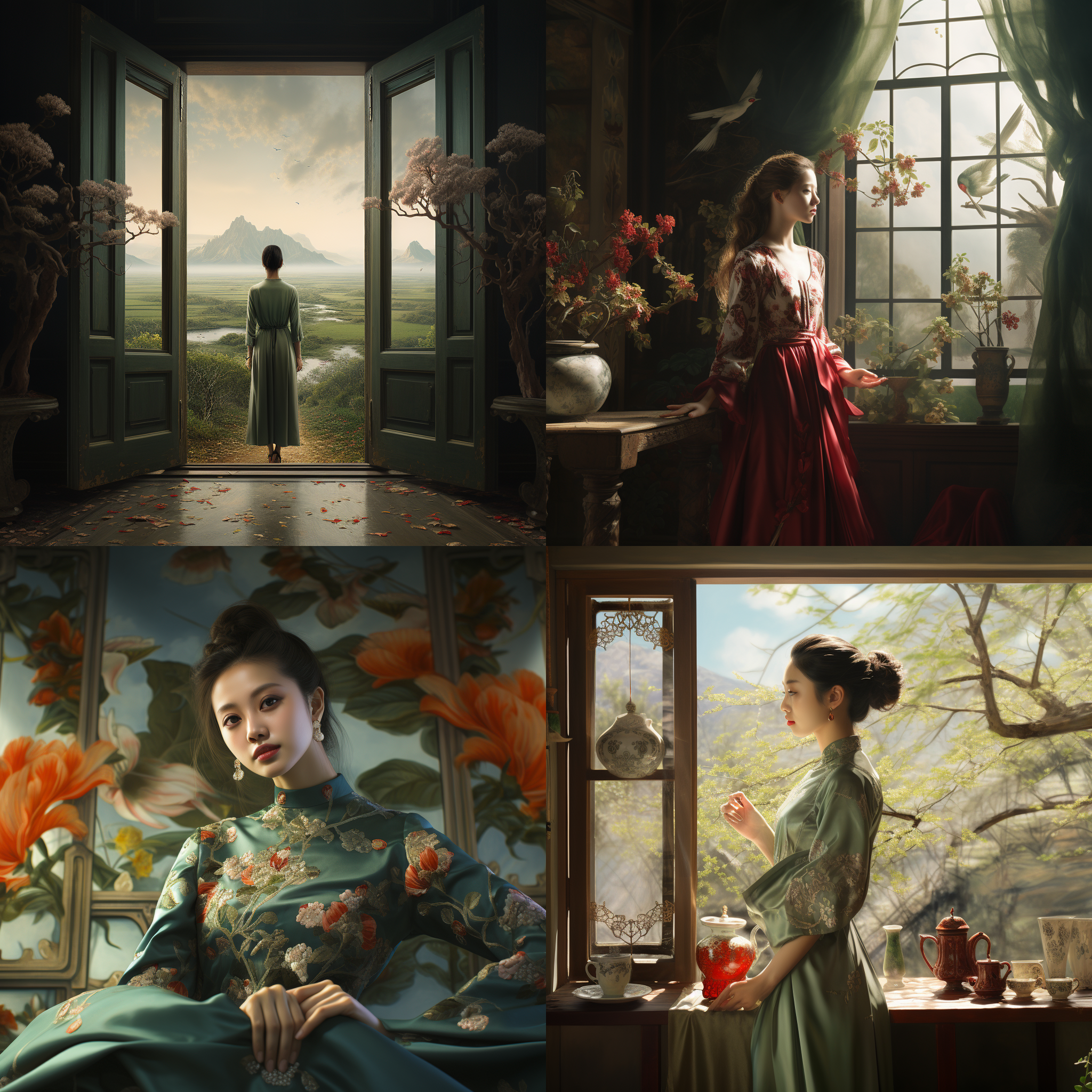 御姐穿旗袍，站在餐桌上吃东西。餐桌位于室内的明亮房间，背景是大窗户和绿植。照片采用鸟瞰角度，突出御姐的威严和优雅。使用长焦镜头，柔和侧光，色调偏暖，突出红色旗袍的华丽。动作自然流畅，充满魅力。妩媚，自信，优雅，华丽。