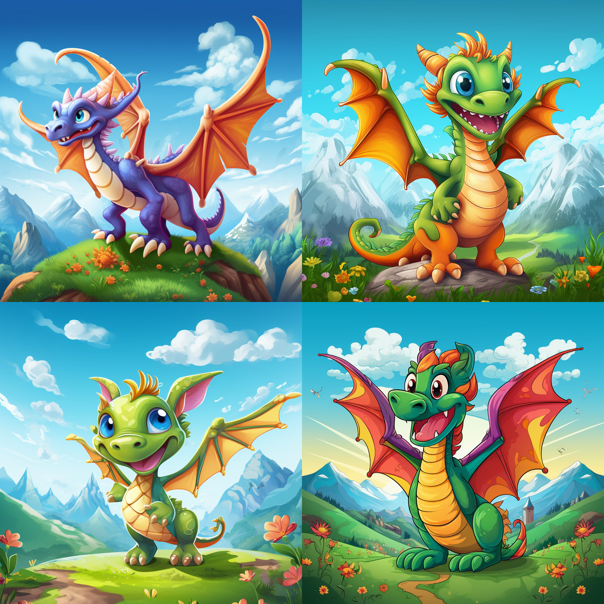 卡通龙，活泼可爱，全身呈现鲜艳色彩，站在绿色草地上。背景是蓝天白云和群山，龙张开双翅，眼睛闪烁着兴奋的神采。构图对称，使用插画风格，细节丰富，透视感强。