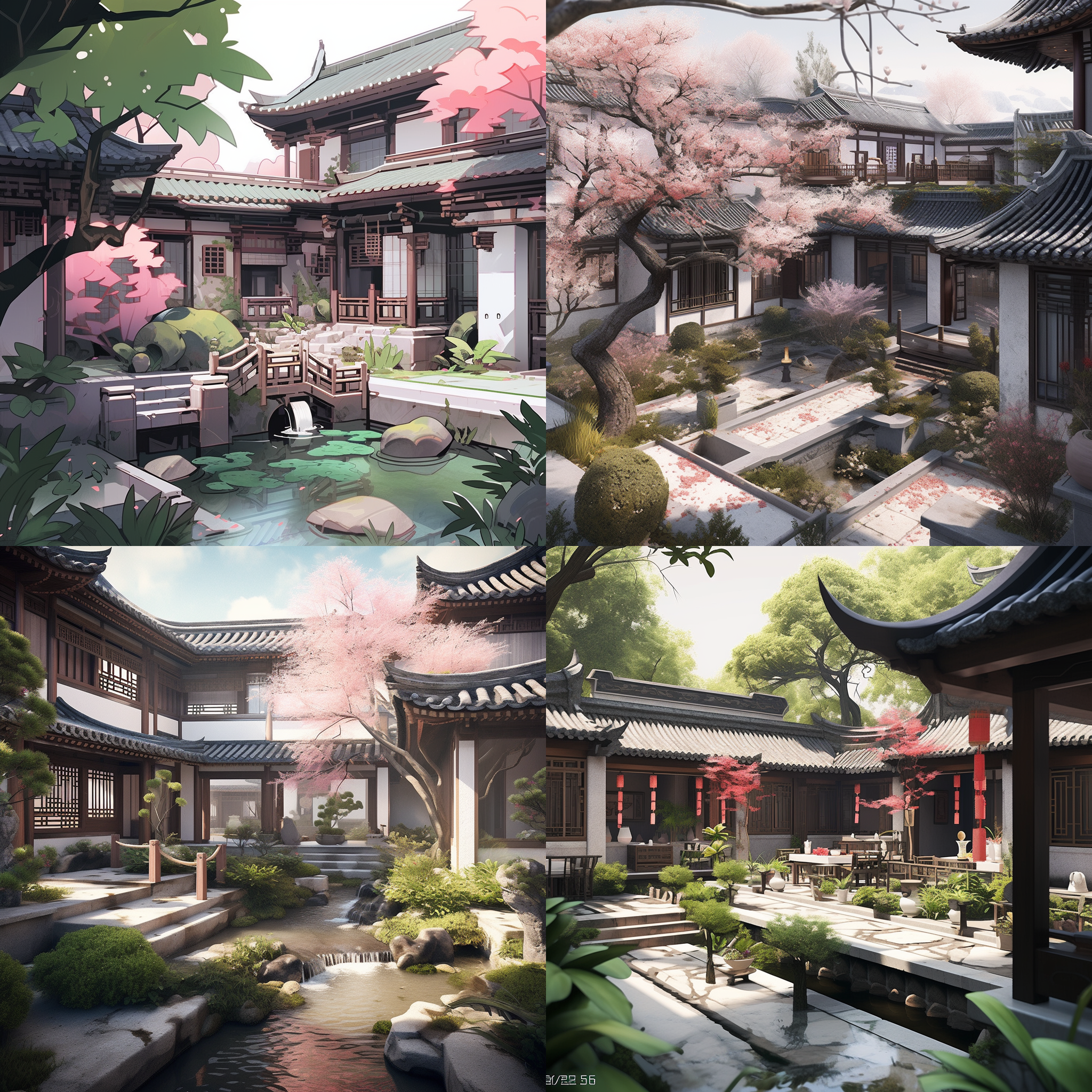 传统江南中式别墅居住区，假山流水，亭台楼榭，对角线布局，广角镜头，自然光，细节丰富，粉墙黛瓦，传统建筑风格，宁静祥和，冷色调，真实。