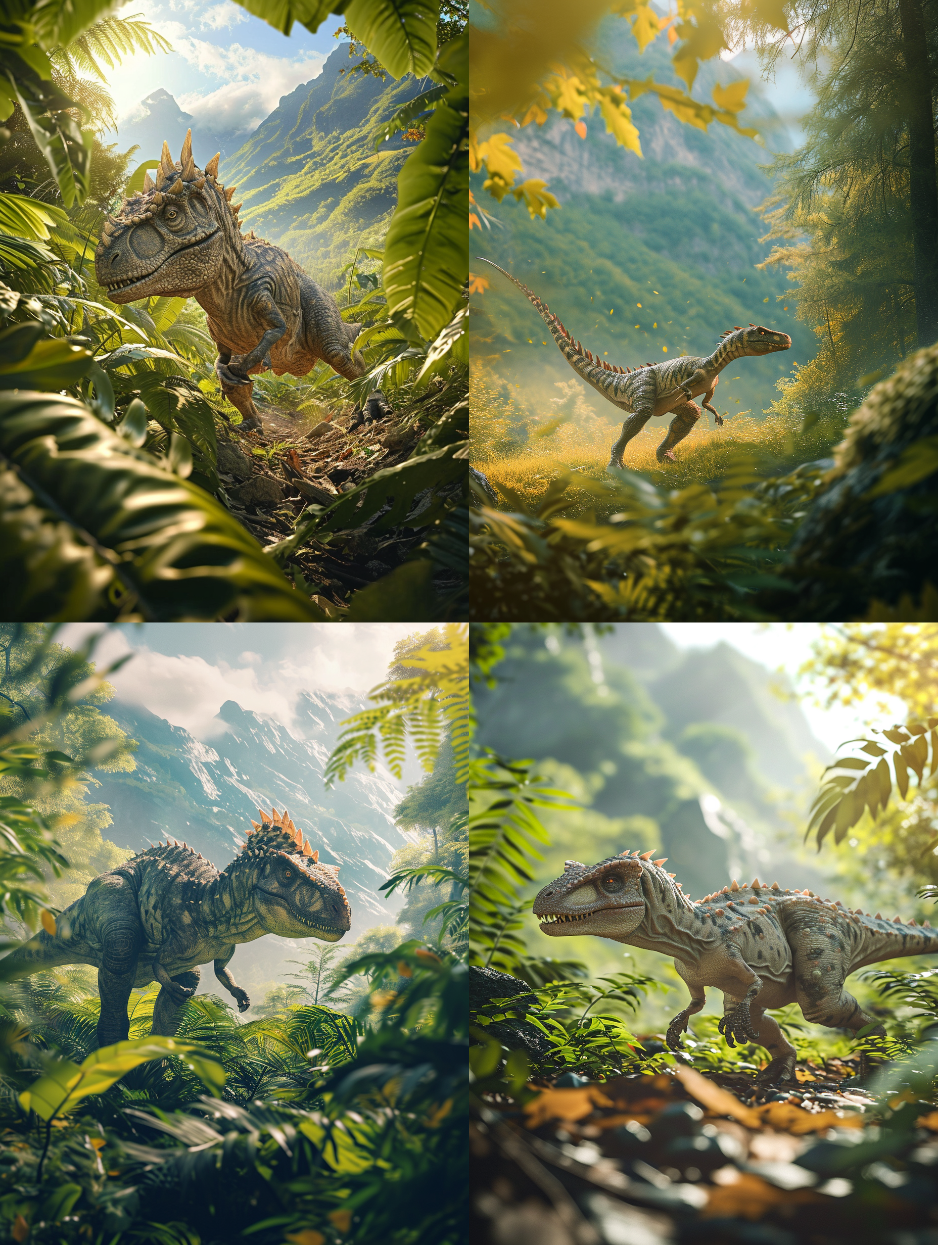 pachycephalosaurus在侏罗纪的场景中，呈现出远处的山脉和绿色的草地。照片采用了鸟瞰角度，配合广角镜头，使得景深更加广阔。光线透过树叶洒落在地面上，形成柔和的侧光效果。pachycephalosaurus正在奔跑，展现出力量和速度感。整体色调以暖色调为主，增强了侏罗纪时代的氛围。