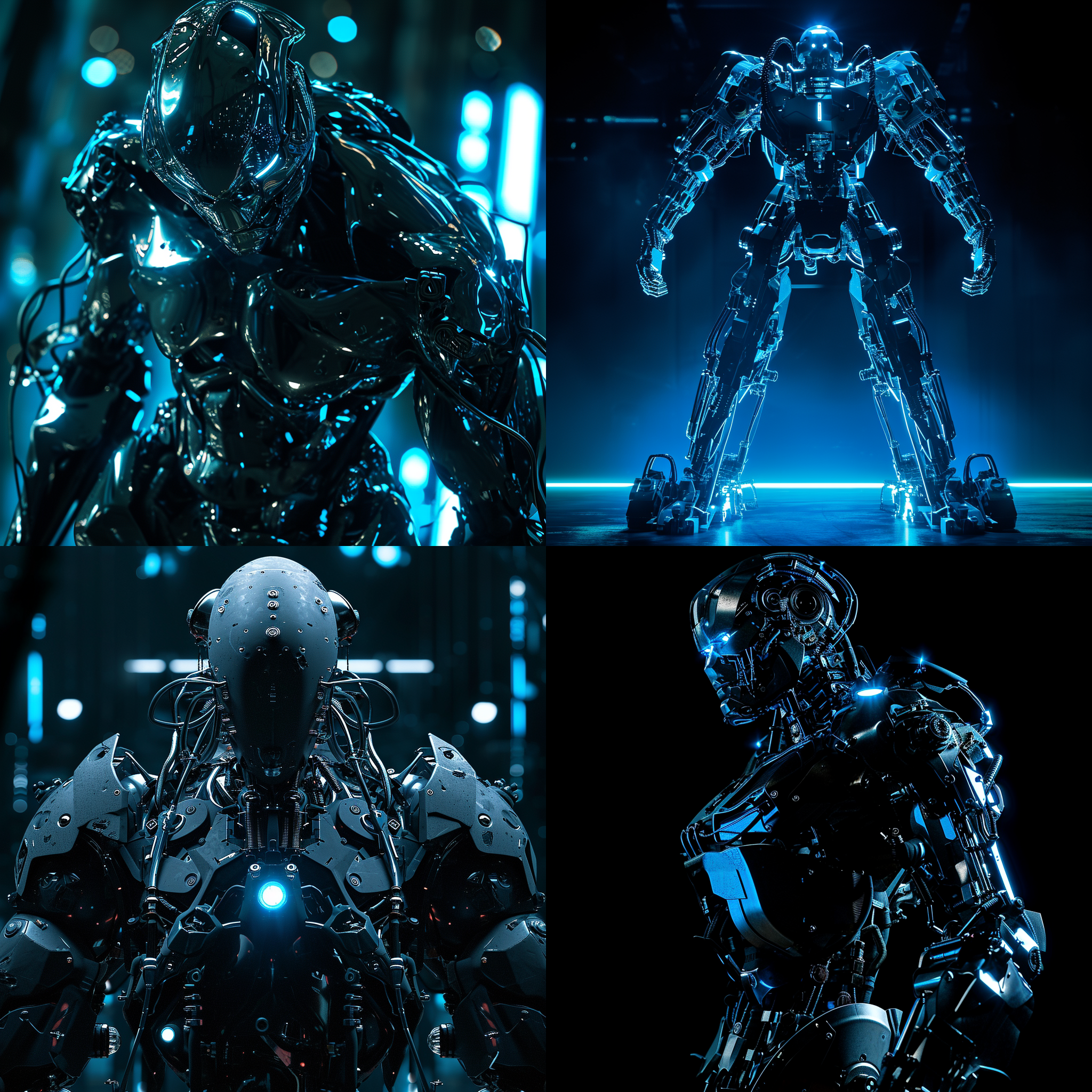 外骨骼，科幻风格，黑暗背景，蓝色照明，机械元素，钢铁质感，透视构图，宽广镜头，动态姿势，超高对比度，力量，未来感。