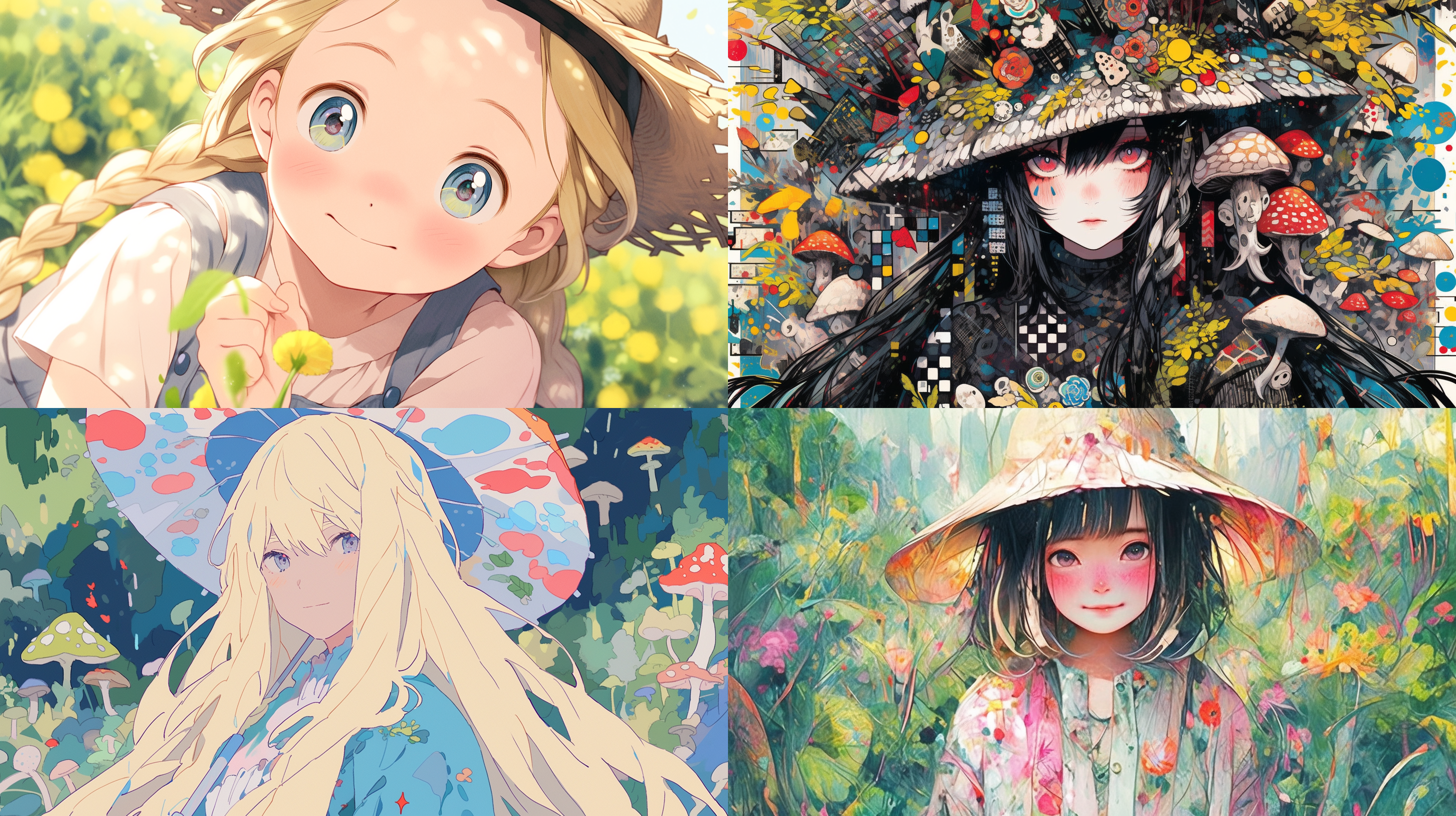 一个少女，带着草帽，阳光明媚，可爱的微笑，鼻头上有雀斑，特写，面向镜头，背景是森林，长满了蘑菇，鲜花，动漫，明亮，平面海报，超高画质，大色块，艺术家新川洋司