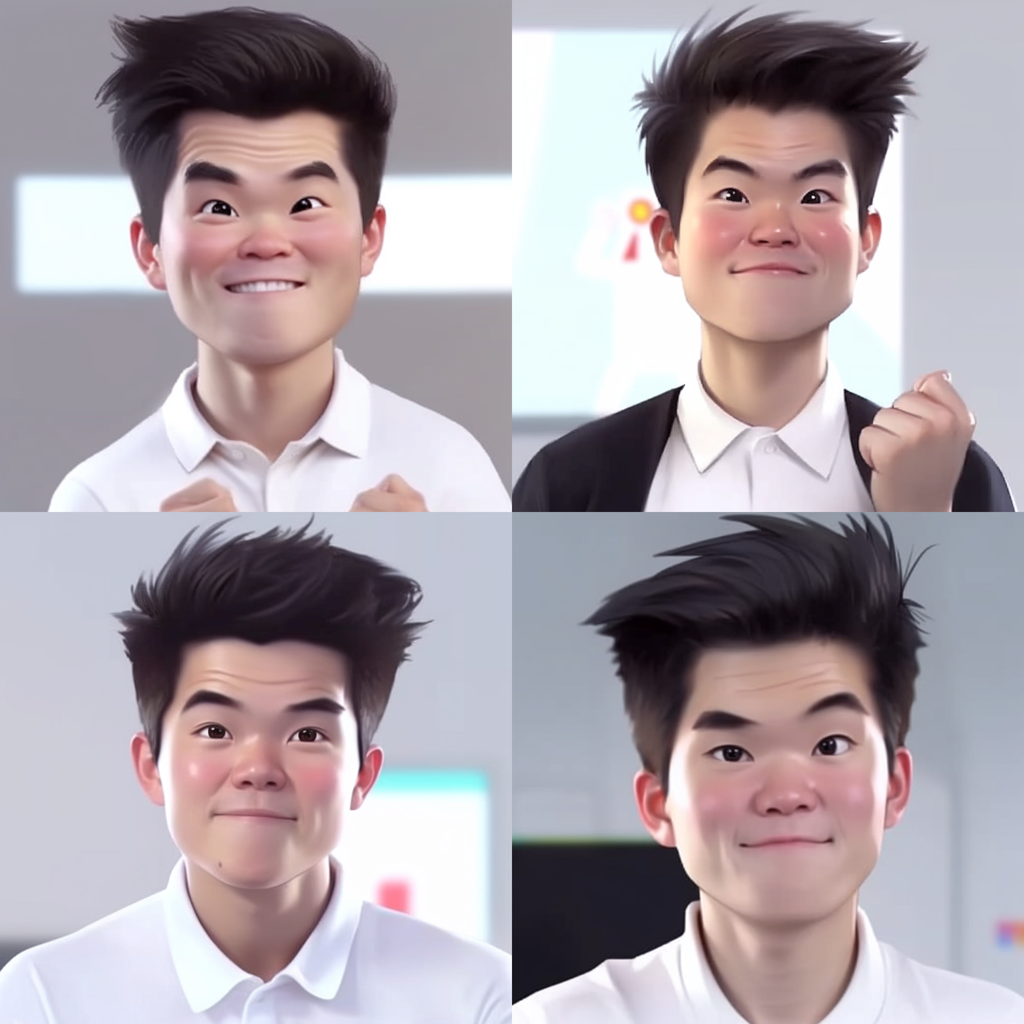 business boy, boy with black hair , high quality, unique, super detail, sweet smile, pixar style , pixar style, keep the consistency of action, expression, clothing, shape and appearance of the photos，3d render, wearing a black suit jacket, a white shirt, and a red tie,