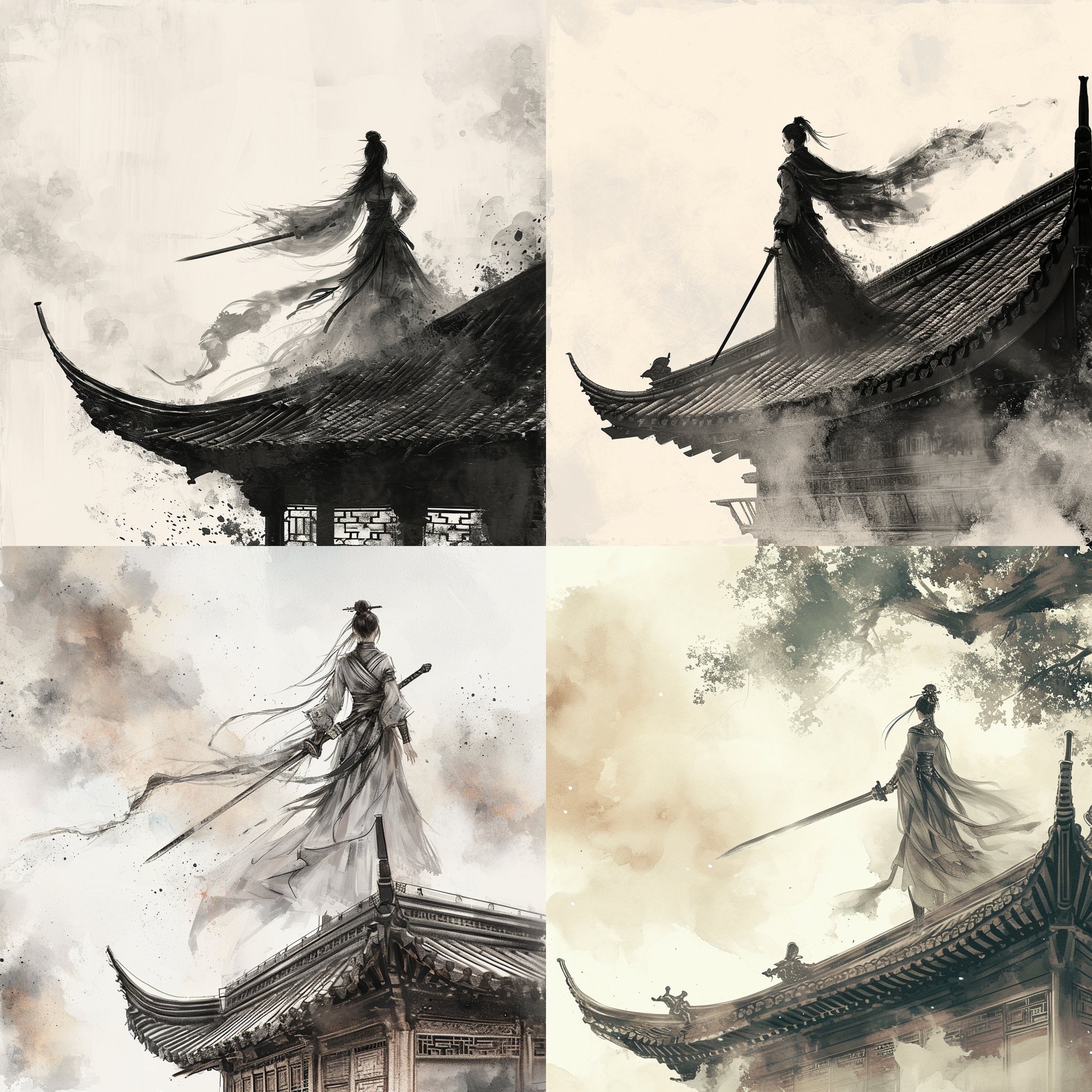 中国古代会武功的女侠形象，手中拿着一把宝剑，站在中国古代建筑的屋顶，水墨画风格，画面大量留白，女侠服装飘逸素雅，仙气十足