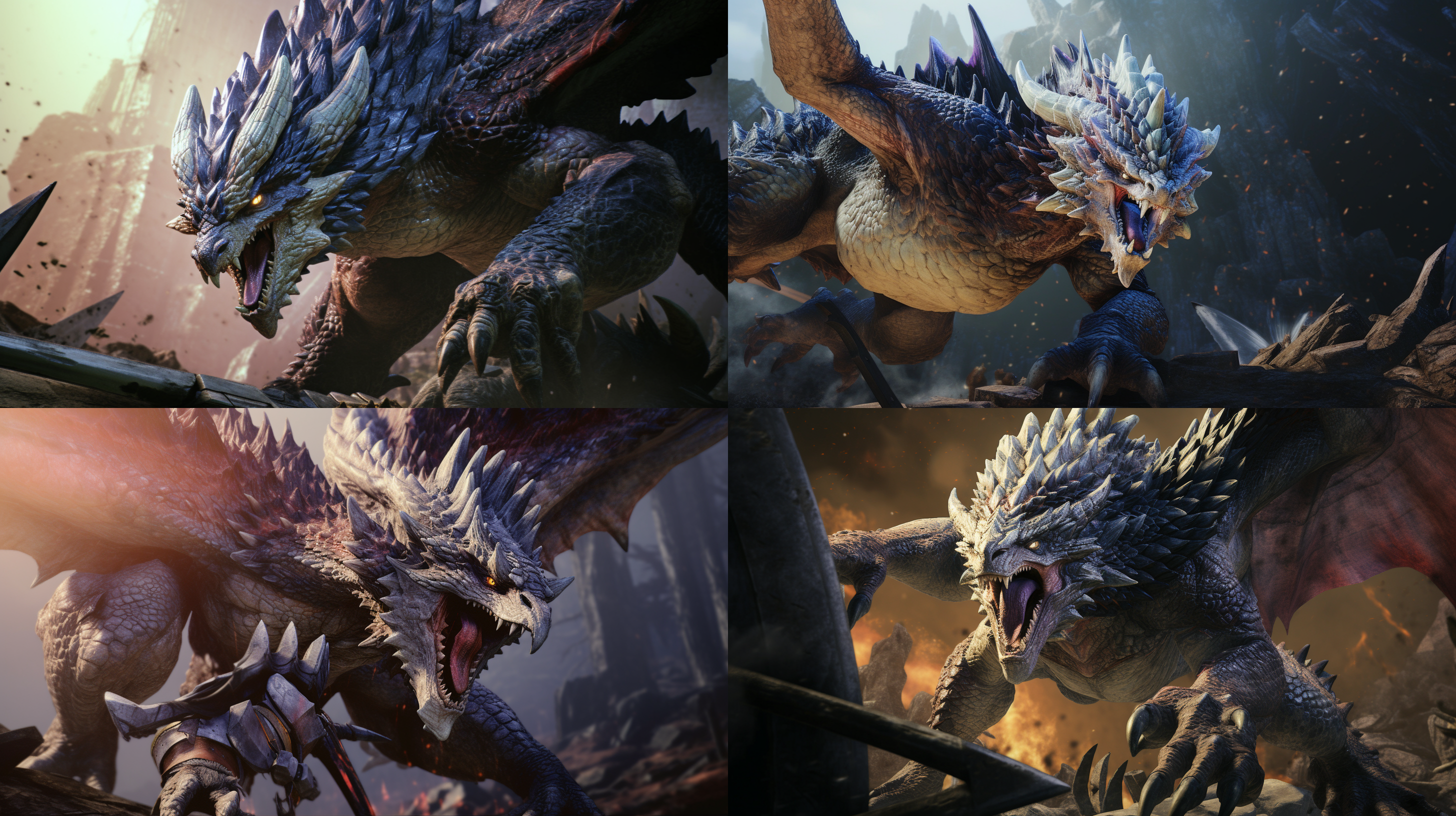 monster hunter fight with dragon with a sword, extreme closeup, hyper texture, photo-real anime, sharp focus