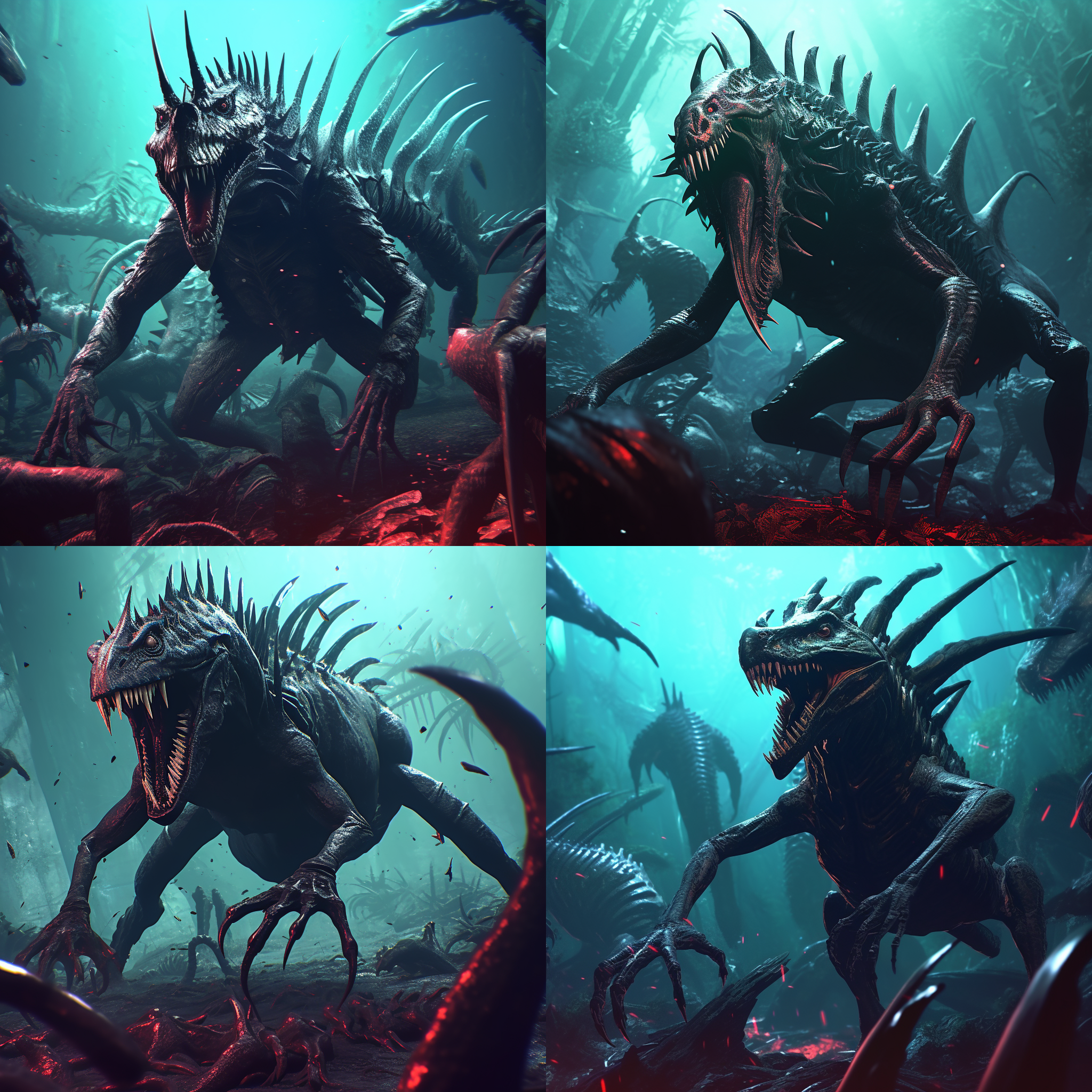 异形生物，黑色甲壳，兽脚类，非常巨大，刺，畸变地表，恐怖，高对比度，广角镜头，暗光，威胁，独特，全景，高对比度，周围有一群小异形。