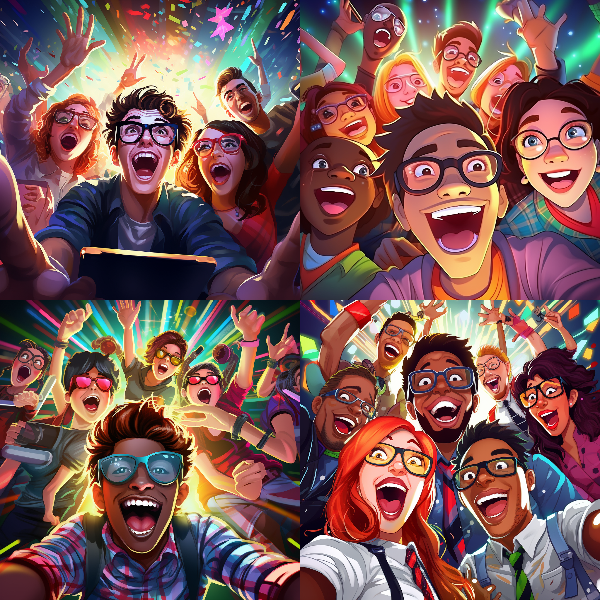 学生党搞笑头像，自拍，室内拍摄，逆光，明亮，色彩鲜艳，广角镜头，笑容灿烂，夸张表情，朋友团聚，欢乐氛围，幽默。