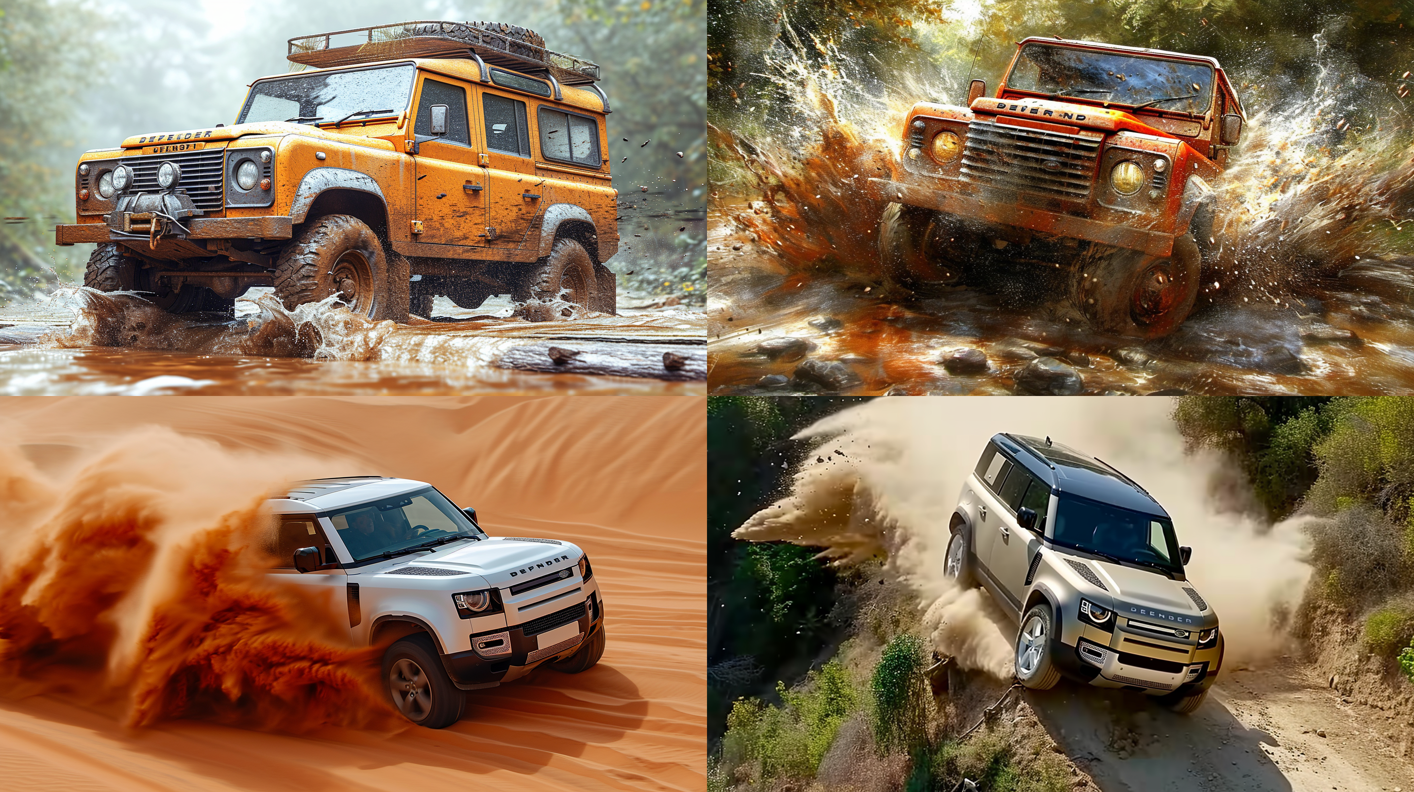 路虎卫士飞过断桥，夕阳，尘土，颗粒