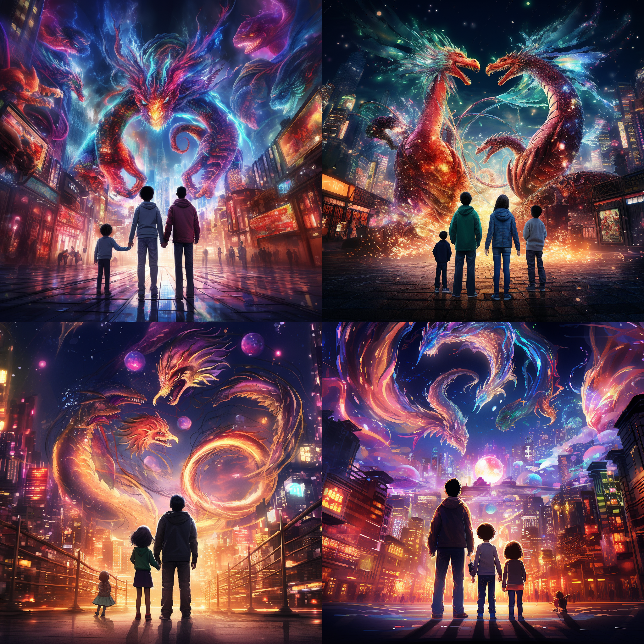 一家四口手牵手，小男孩和小女孩跳跃，身后是色彩斑斓的新年龙。霓虹灯下，赛博朋克城市里欢乐的氛围弥漫。照片采用皮克斯绘画风格，色彩鲜明，线条柔和，梦幻般的场景。夜景，全景，广角镜头，高饱和度，动作，喜悦，亲密，童真，温暖，幸福。
