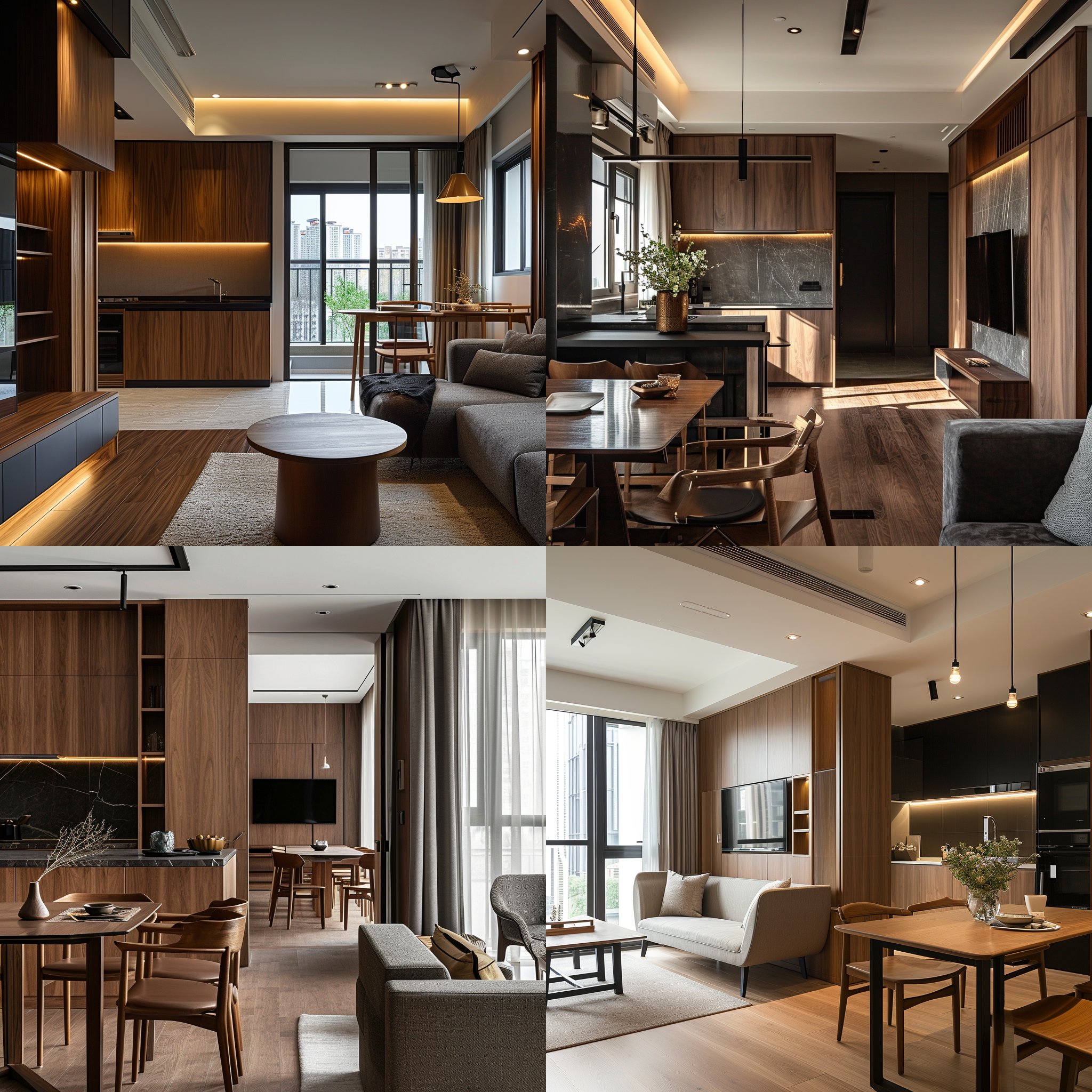 50㎡一室小户型，高端大气的感觉，深色橱柜和深木纹，独特设计，明亮的环境，现代风格，大窗户，广角镜头，自然光，整洁，温暖色调，舒适感，精致细节，木质家具，温馨氛围。