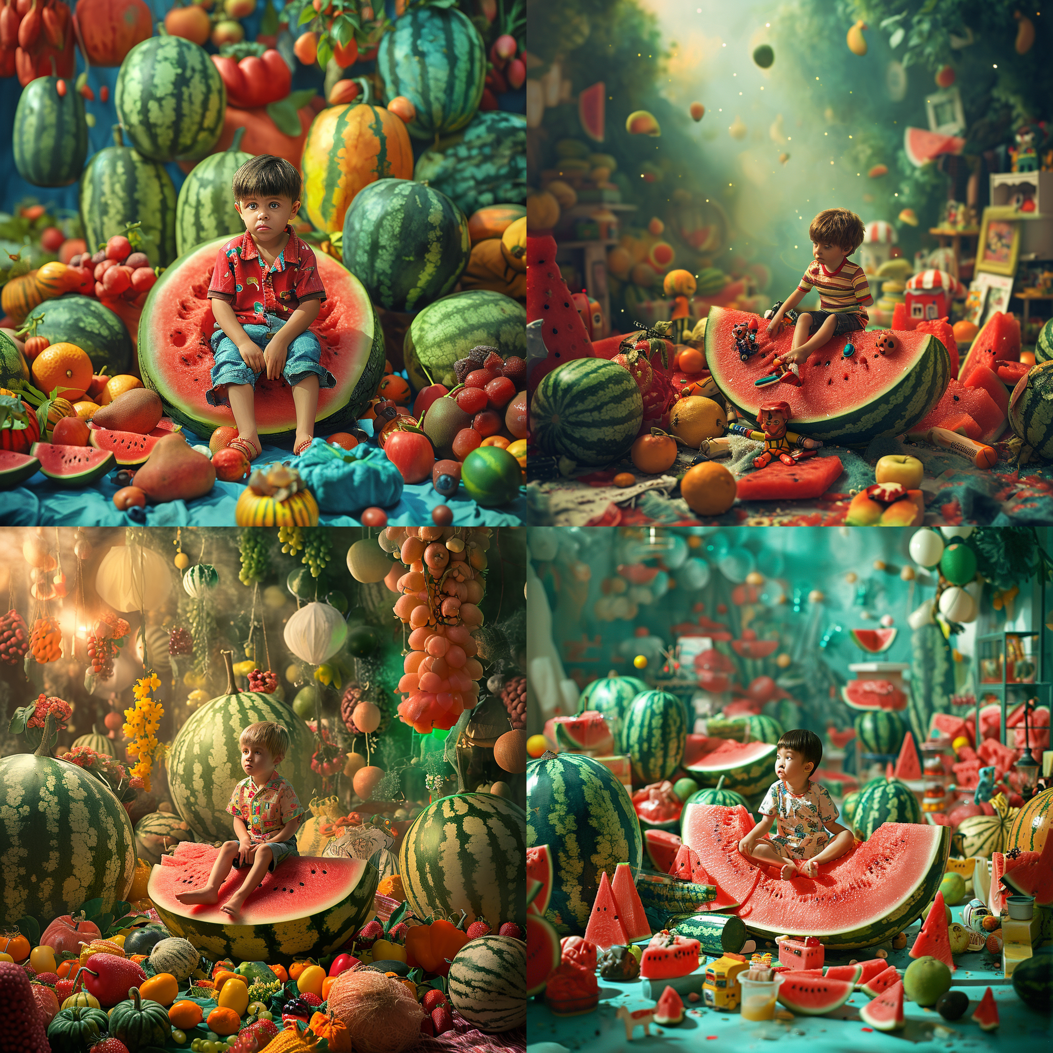 小男孩坐在巨大的西瓜上，环绕着五彩缤纷的水果玩具。超现实的场景，夸张形状和颜色的玩具与西瓜形成鲜明对比。广角镜头，明亮光线，高饱和度，温暖色调，夸张动作，童真表情，欢乐氛围。