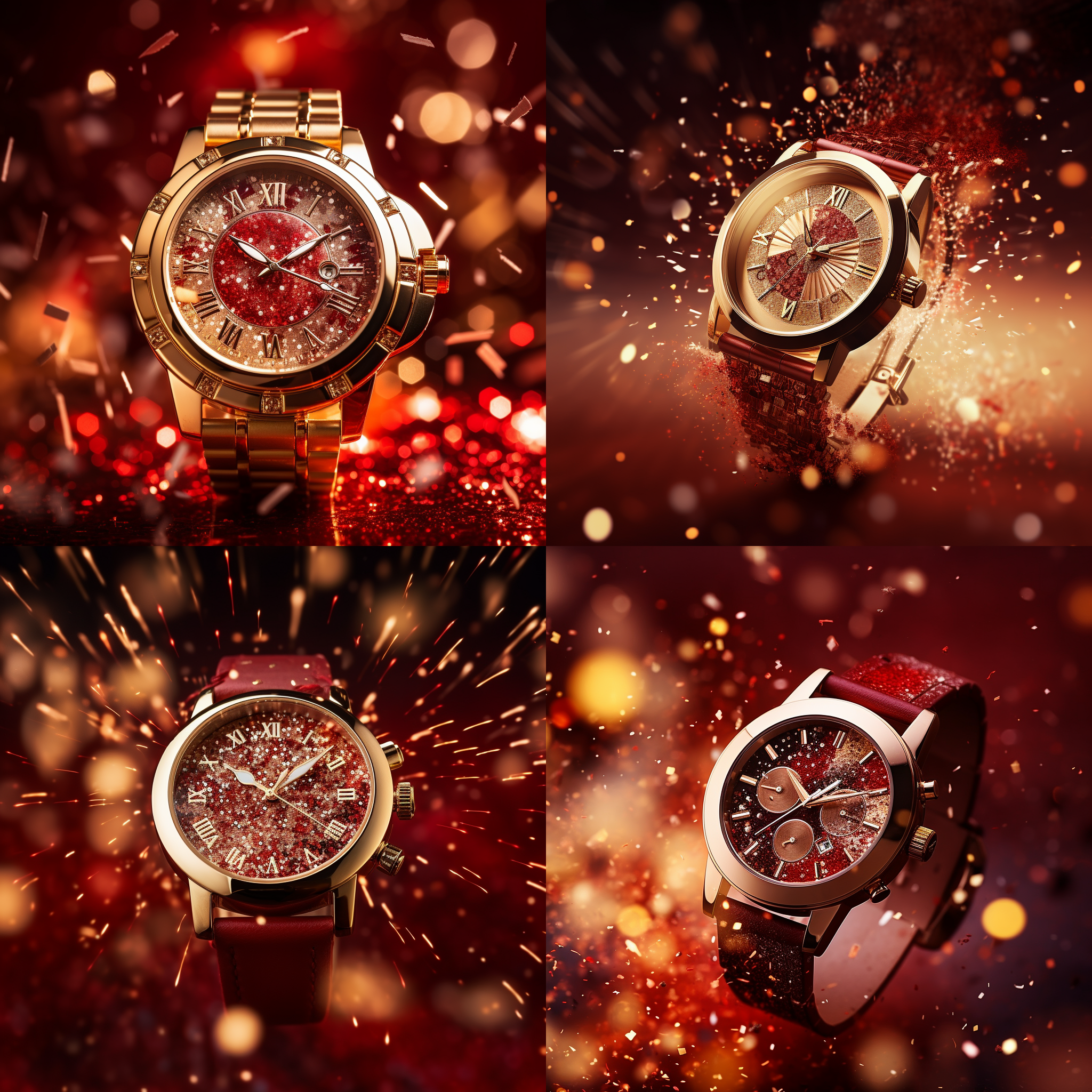 金色手表，圆形光晕，亮片，金色烟花背景，空间感，对比，极简，虚拟艺术，红色背景，高光，锐利，华丽，奢华，时尚，闪耀，动态，魅力。
