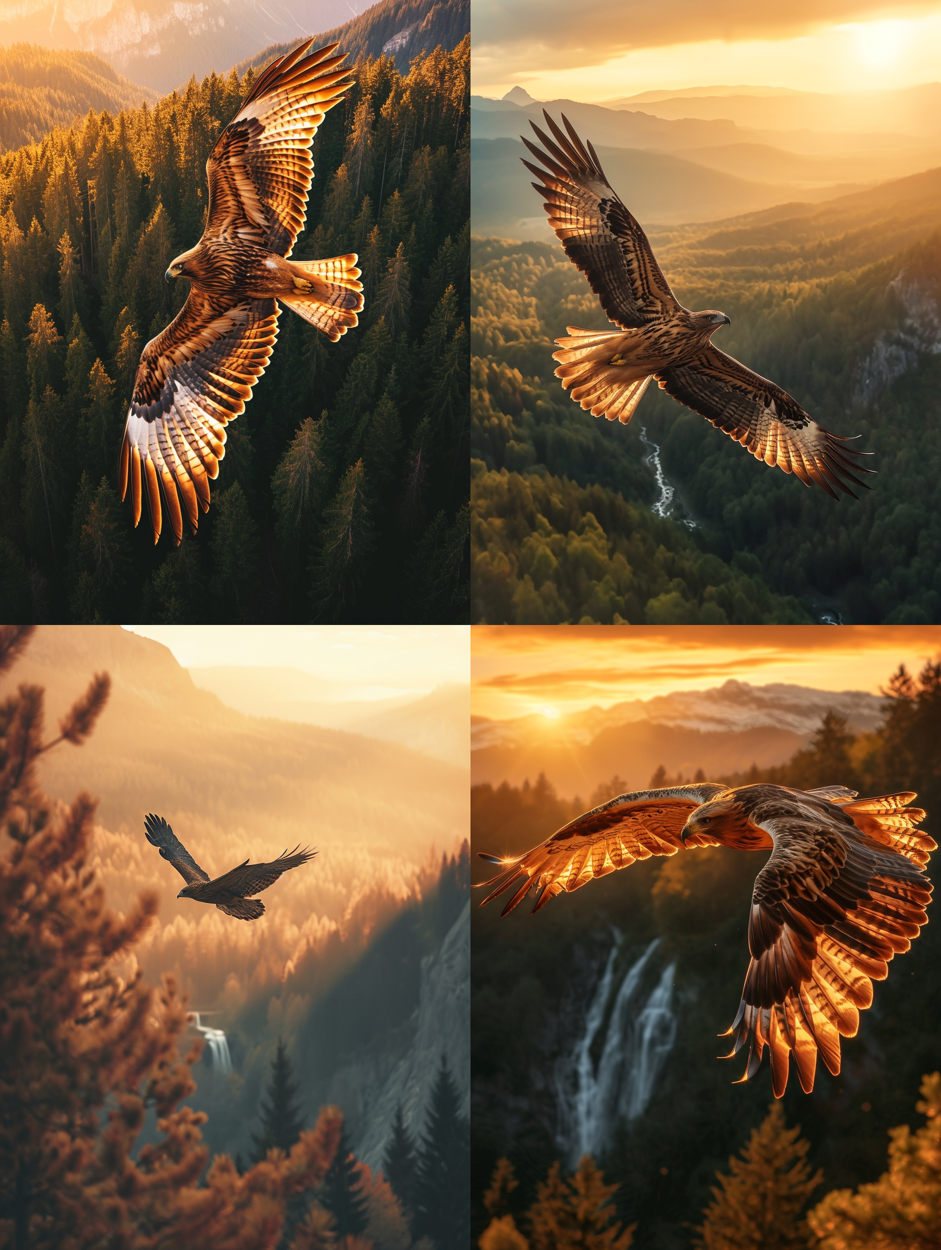 在空中飞翔，展翅高举，背景是宽阔的森林和瀑布。鸟瞰视角，远处山脉，橙色日落。鸟类摄影风格，长焦镜头，柔和光线，优雅动作，逼真细节，暖色调，自由自在，壮观。