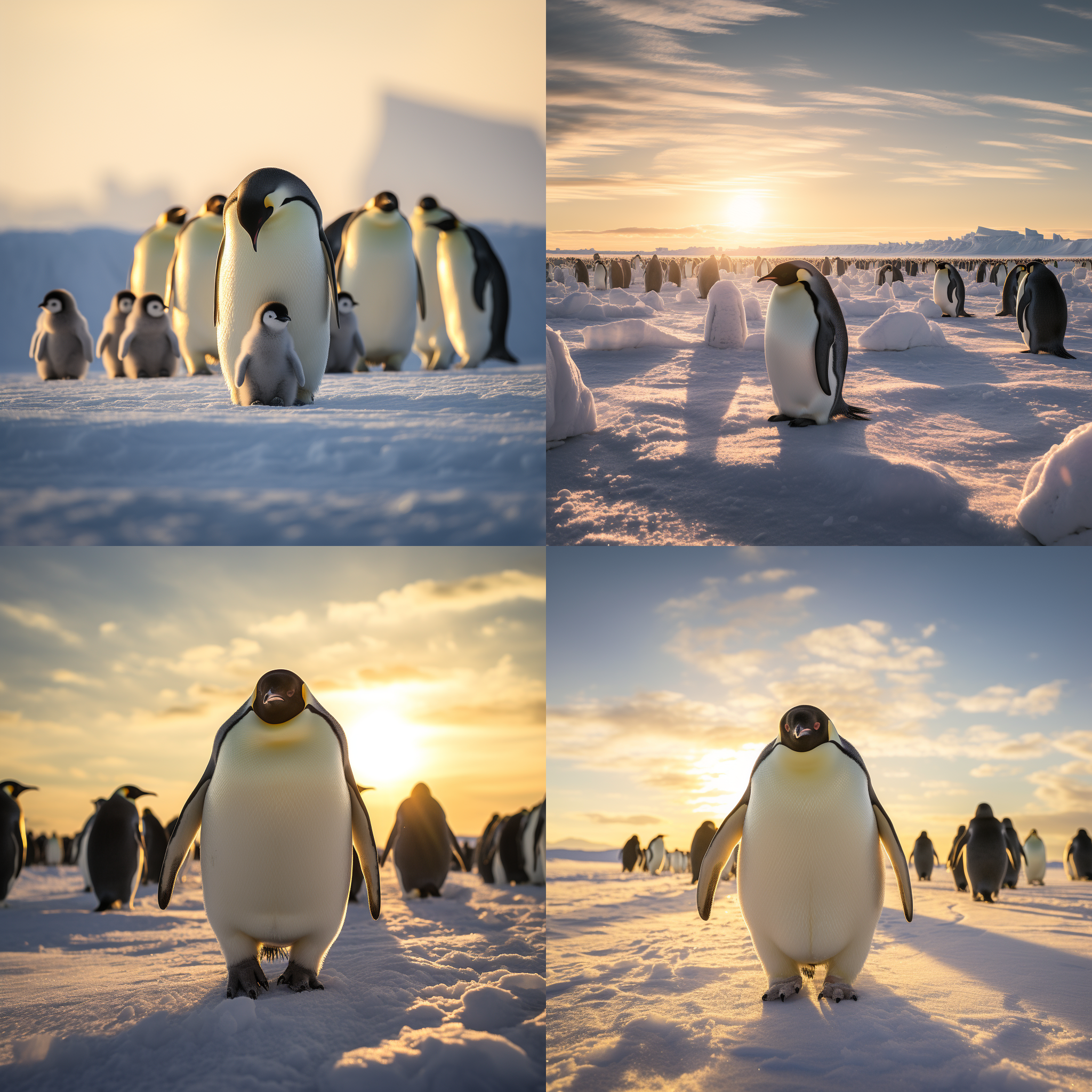 帝王企鹅引领群体，南极环境，广角镜头，清晰细节，对比度强，寒冷色调，日落光线，行走，凝视，坚韧。