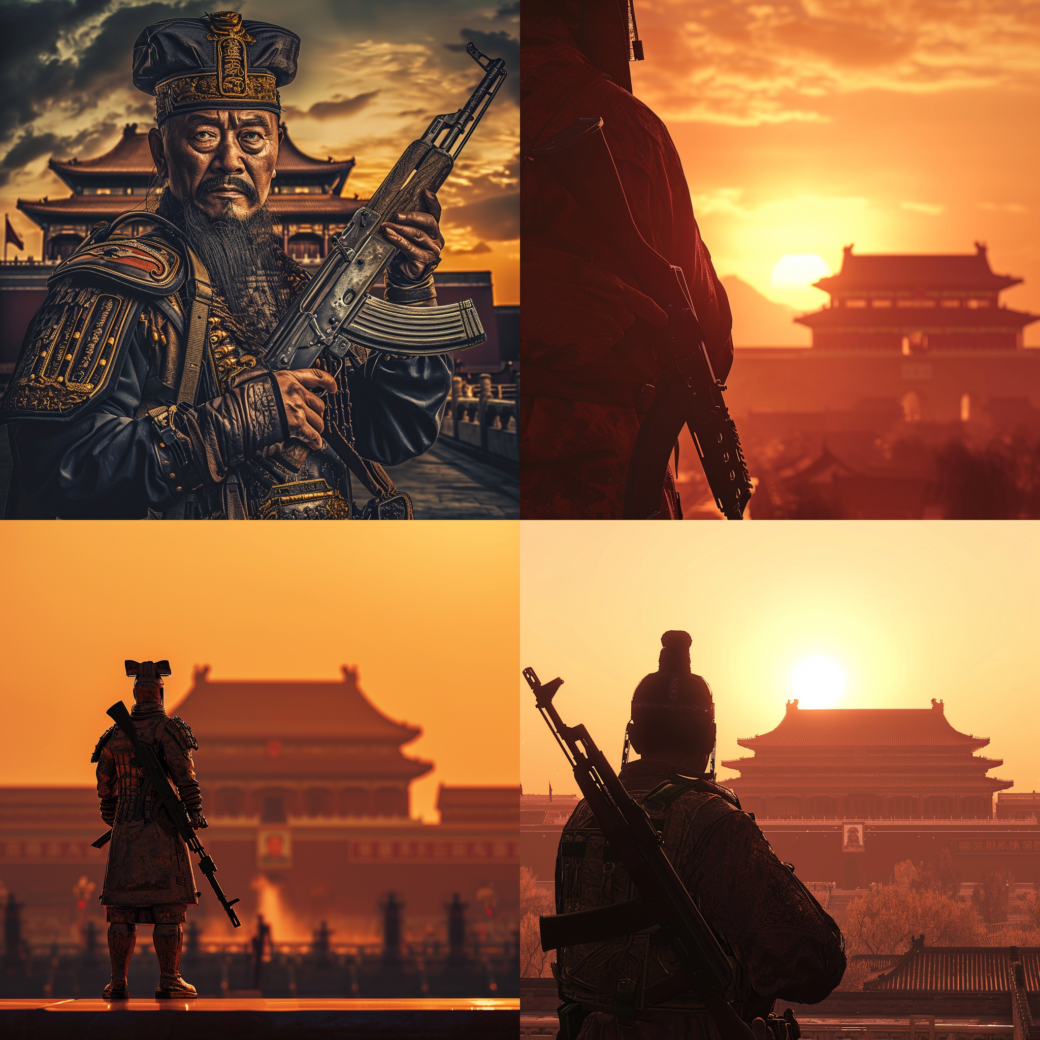 秦朝皇帝手持ak47，站在巨大宫殿前。逆光照射下，庄严威武轮廓显现。宫殿背景下，夕阳余晖温暖色调。近景金属质感闪耀光芒。对比度强、饱和度高增强紧张力量感。庄重、震撼，中国风格，黄昏，金属质感，高光，逆光，紧张，力量感。