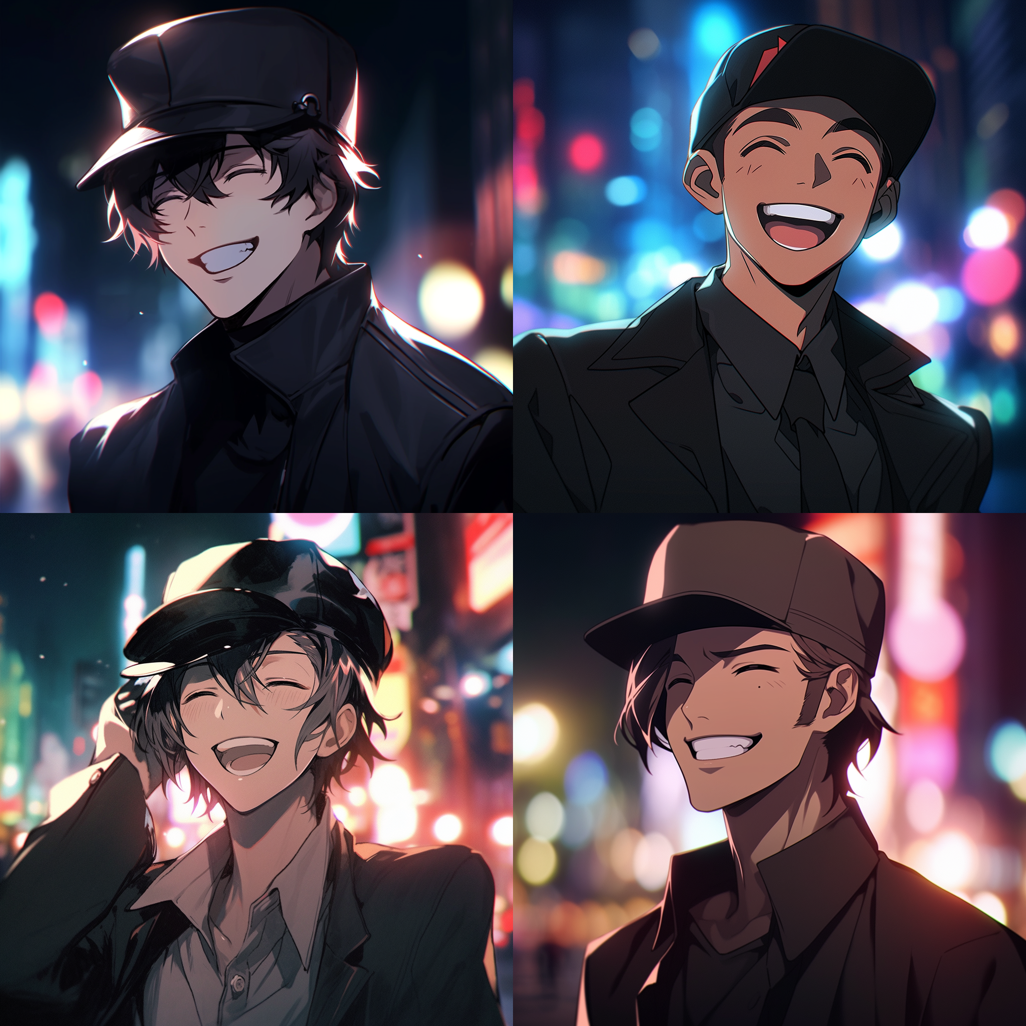 快乐表情，头戴鸭舌帽，街头，黑夜城市背景，黑色西装，近景，正面方向，灯光通明，昏暗色调，柔和光线，二次元动漫男人，浅浅的笑，自信。