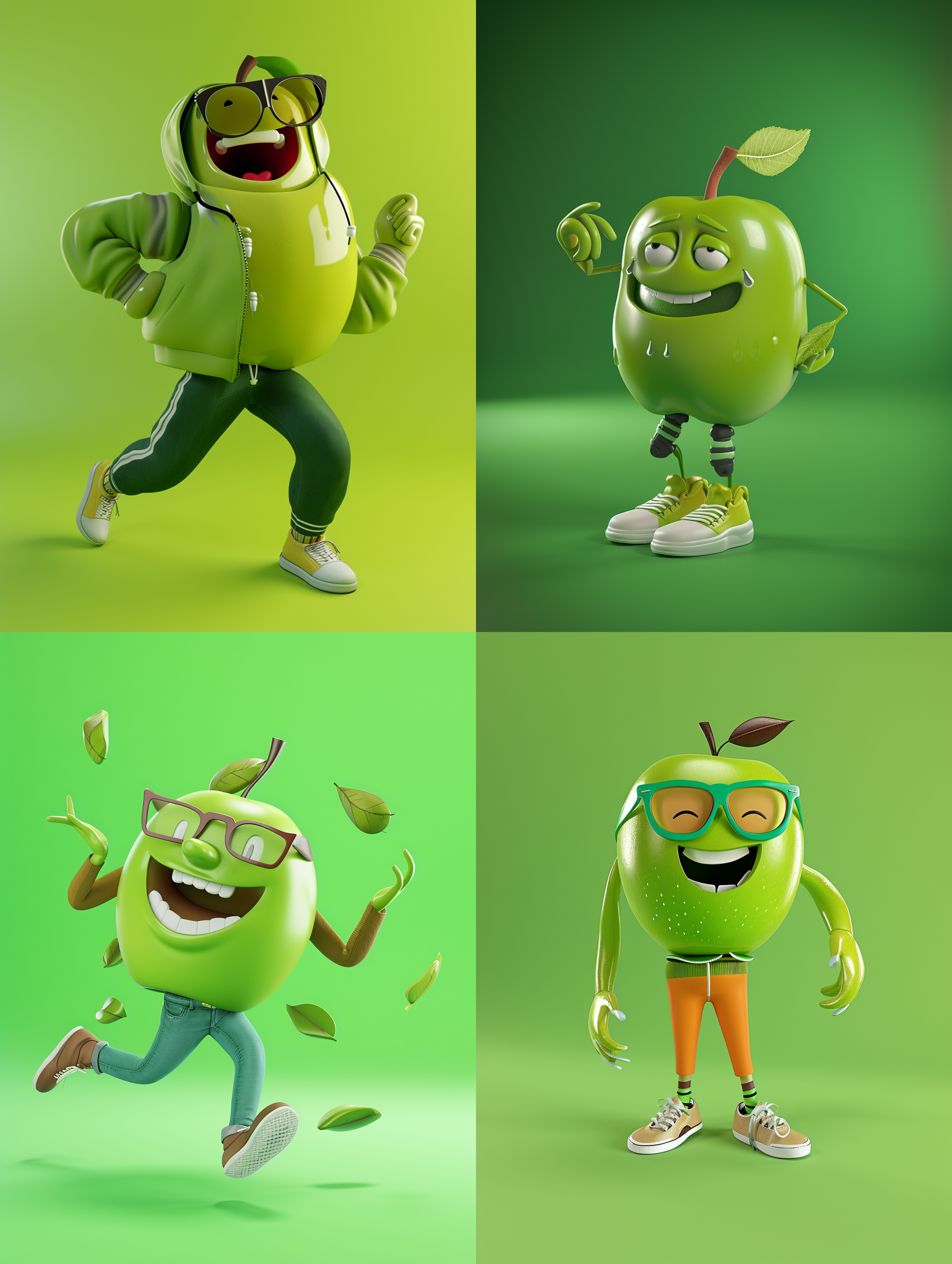青苹果，卡通风格，穿着时尚衣服，粘土材质，c4d渲染效果，鲜明色彩，清晰细节，光线柔和，动感十足，欢快氛围。
