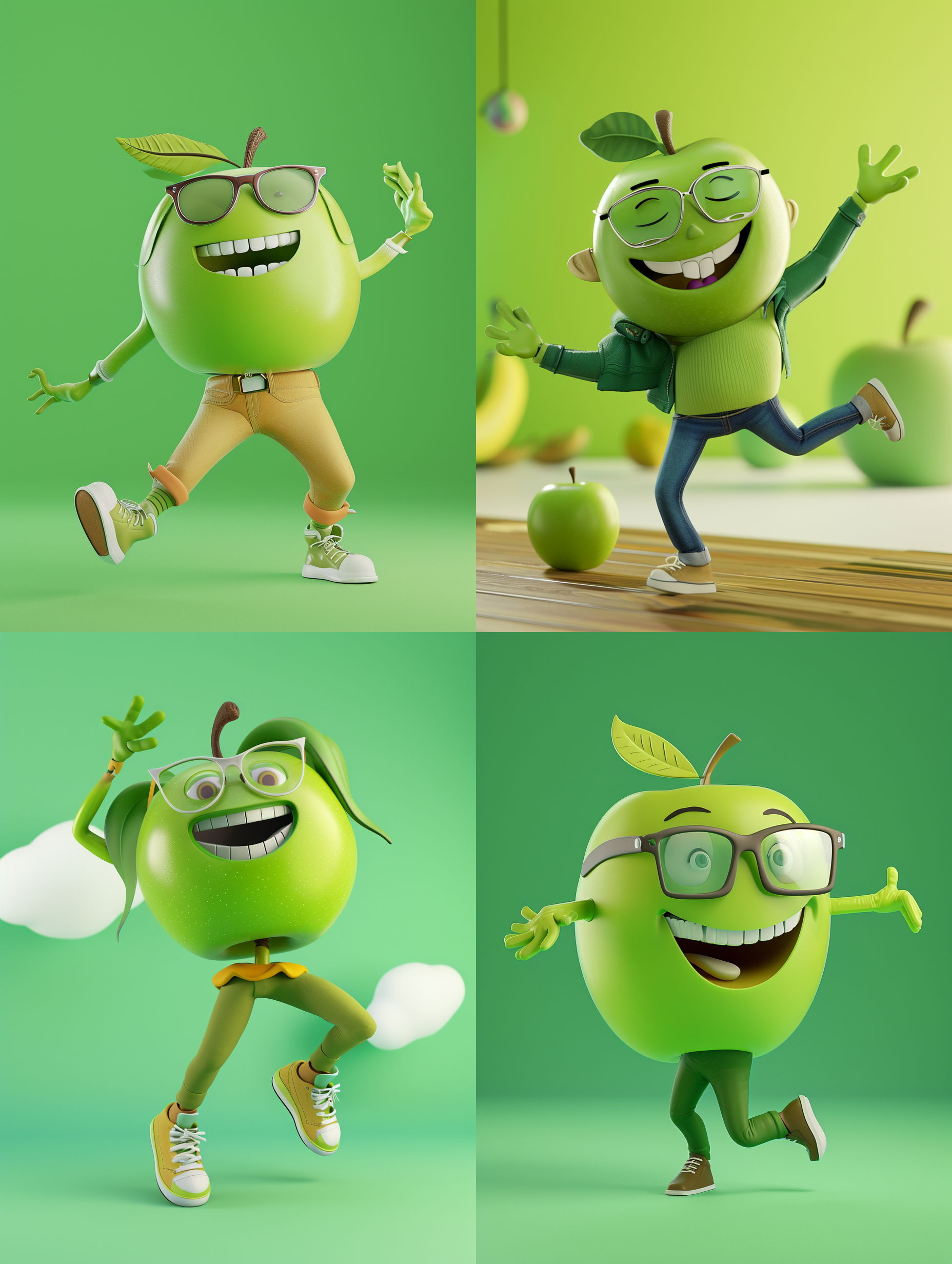 青苹果，卡通风格，穿着时尚衣服，粘土材质，c4d渲染效果，鲜明色彩，清晰细节，光线柔和，动感十足，欢快氛围。