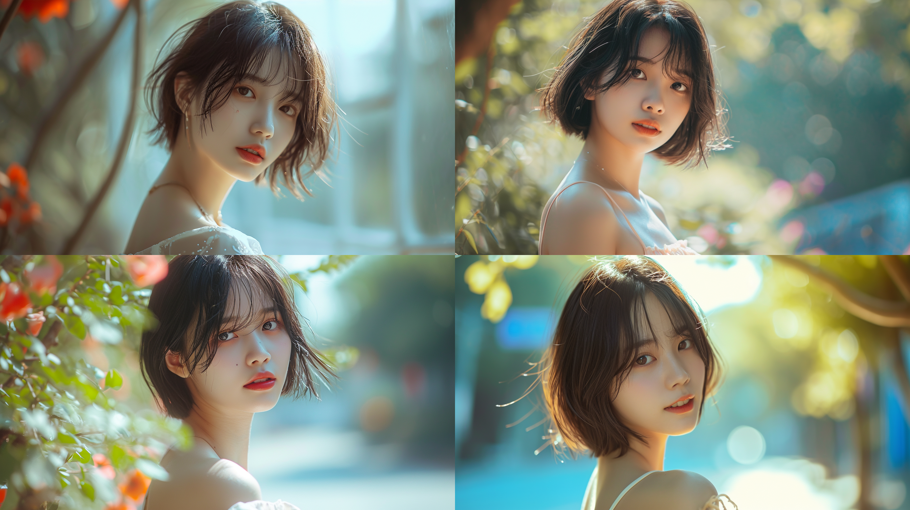 丰满匀称的身材，全身照，女人味，夏季，黑色轻纱衣，青春，光着脚丫，中国女孩，柔弱，眼神灵动，抿着嘴微笑，美丽的，剪发短发，精致的五官，喜悦，笑容，真实写真，摄影大师作品，精湛的构图，女性荷尔蒙，8k