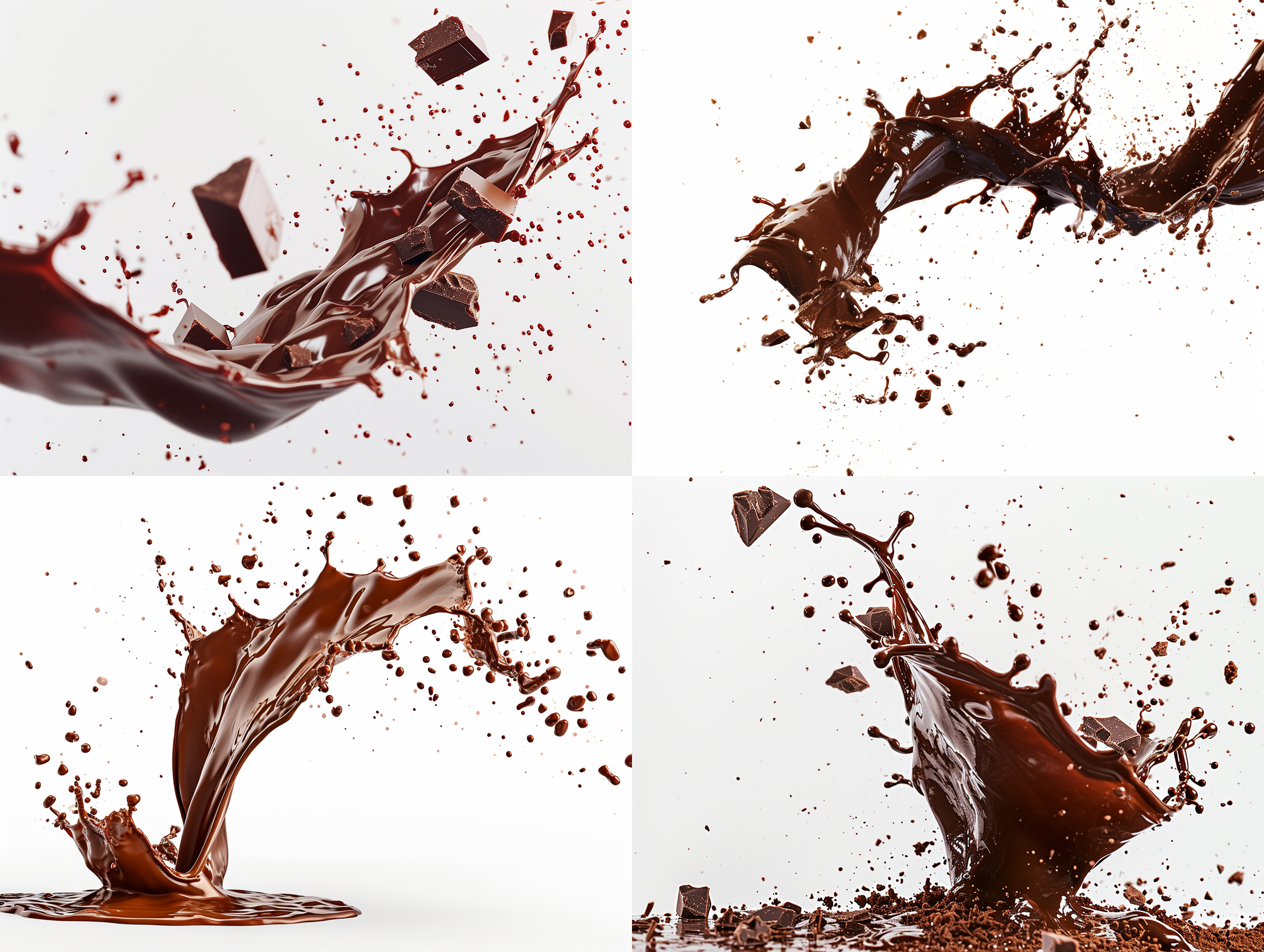 巧克力从空中掉落，白色背景，高速快门，细节丰富，巧克力在空中形成美丽的弧线，透明度高，明亮的照明，暖色调，甜蜜的情感。