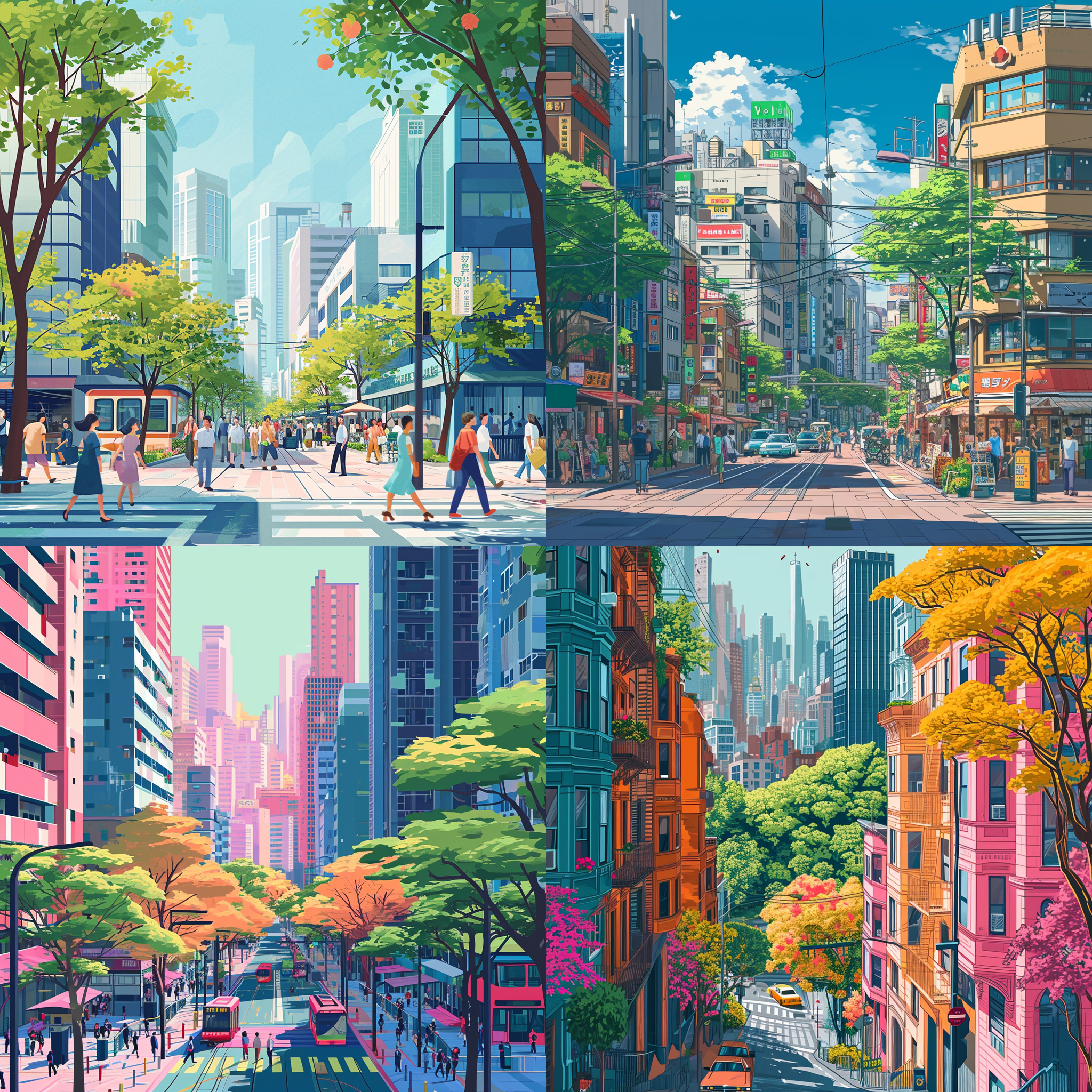 插画中的城市风景，以2.5d视觉呈现。主题为繁忙的街道，高楼大厦和绿树成荫的公园交相辉映。使用明亮的色彩和细节丰富的纹理，呈现出现代都市生活的独特魅力。线条清晰，透视感强，给人一种立体感和层次感。