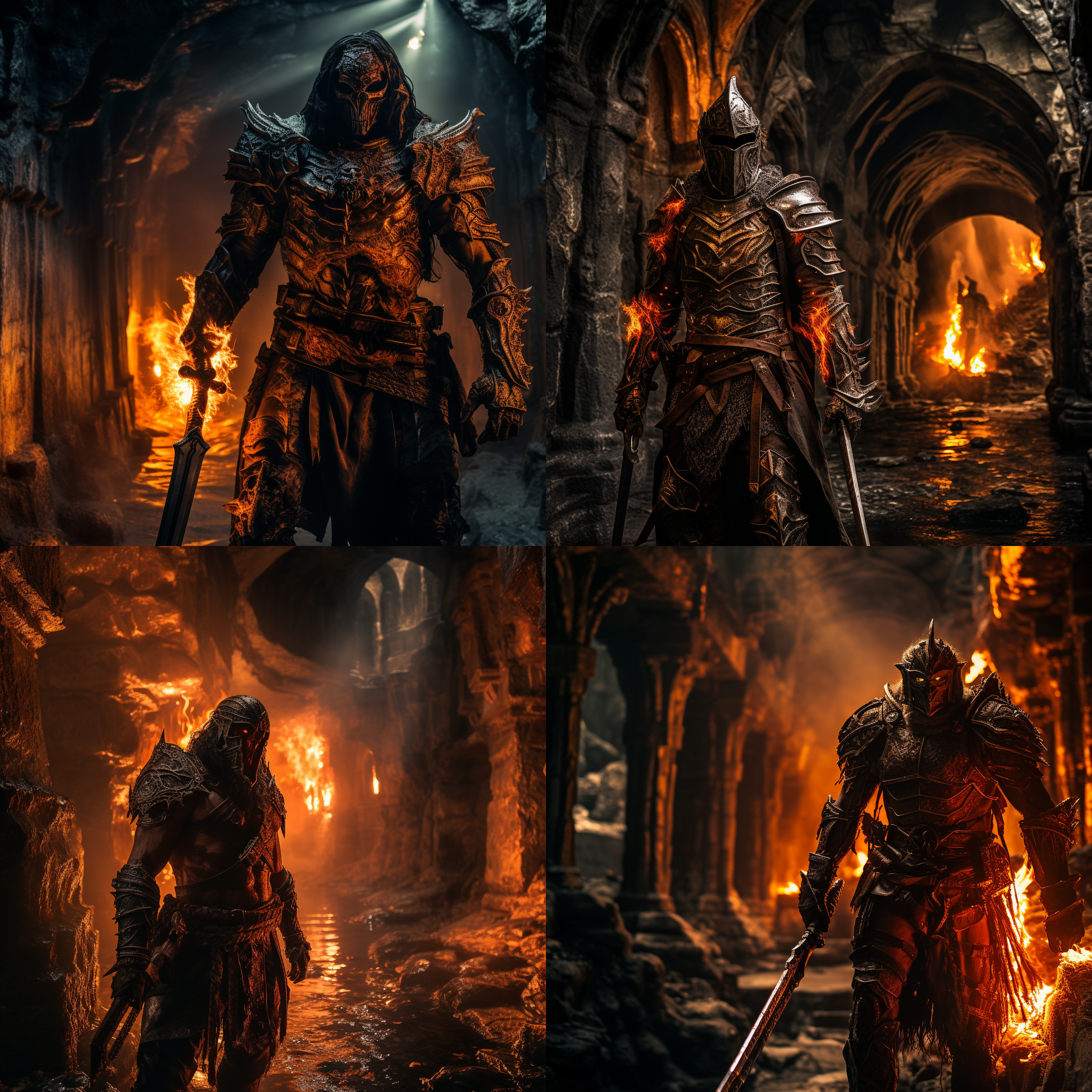 地下城中，一名勇敢的战士站在破碎的桥上，背景是废墟和燃烧的火焰。他身穿沉重的盔甲，手持巨剑，准备迎战恶魔。照片采用高动态范围(hdr)拍摄，以突出细节，并使用广角镜头捕捉宏伟的环境。光线来自地下城中的荧光灯，营造出阴暗而紧张的氛围。主题色调为冷色调，强调了战士的坚毅和决心。