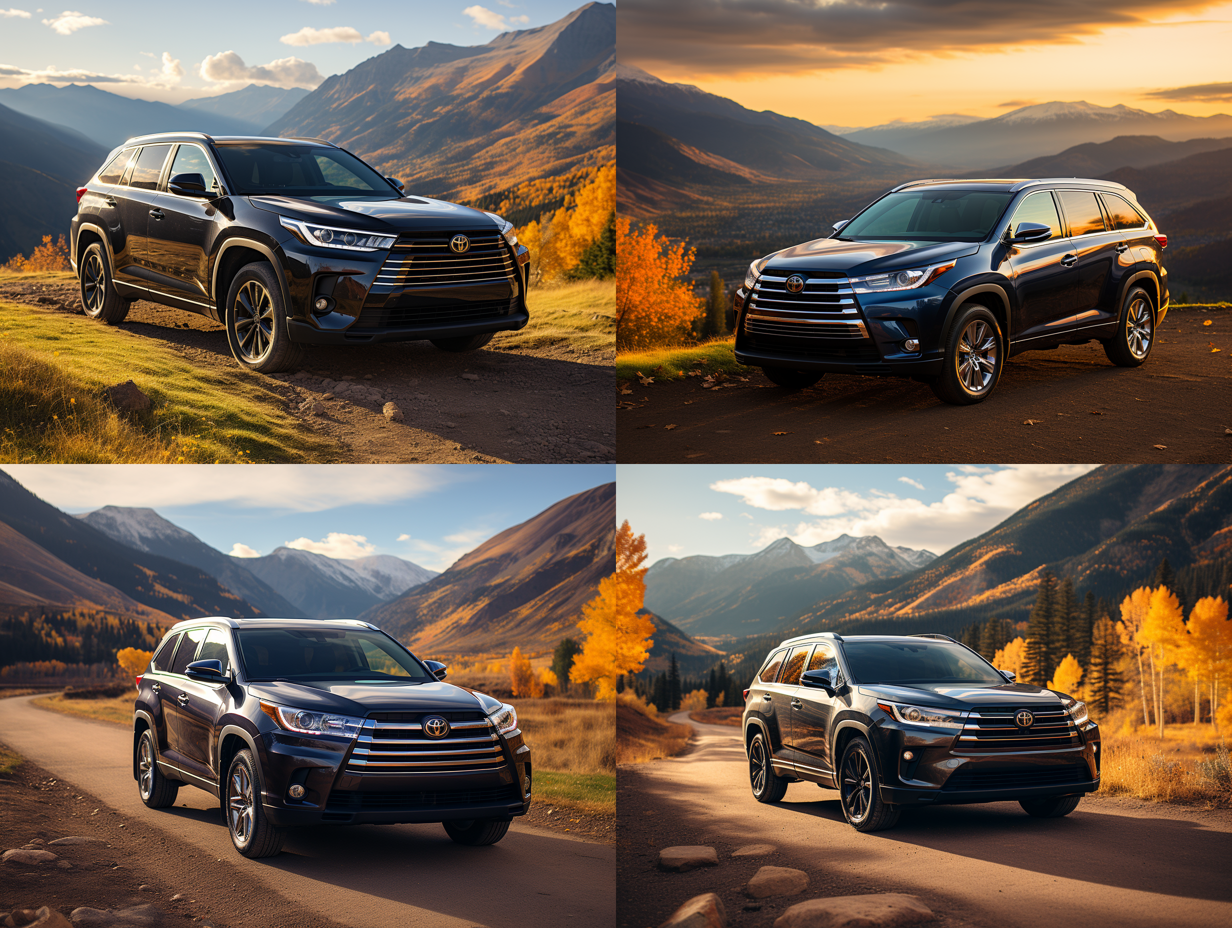 丰田汉兰达高清摄影，宽广的自然风景背景中，一辆闪亮的丰田汉兰达独立站在山丘上。远处山脉和蓝天构成了完美的背景，反映在车身上。镜头使用长焦距，捕捉到每个细节，突出车辆的力量感和动态感。色彩鲜明，充满活力，给人一种自由、冒险、探索的感觉。