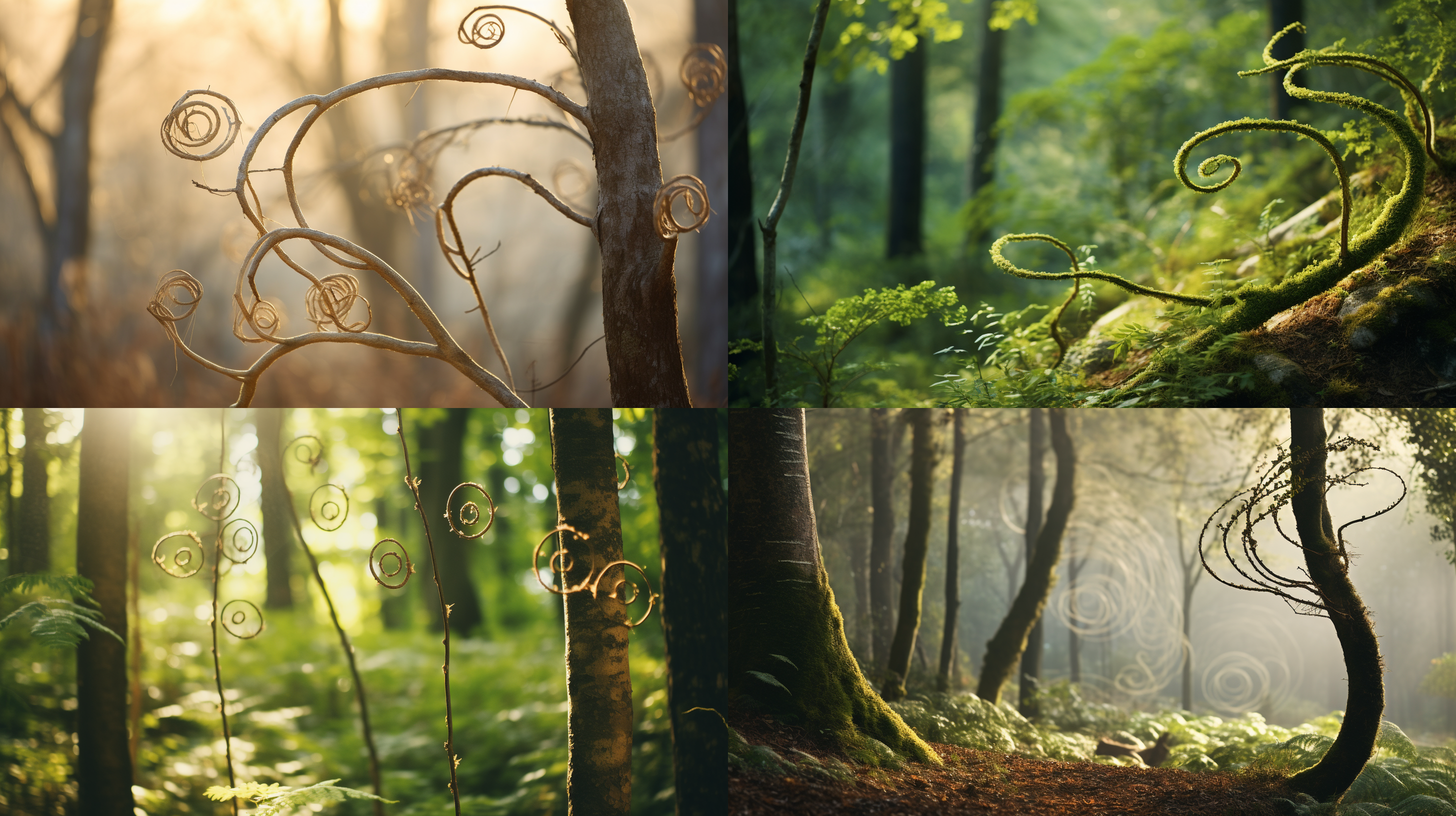 毛线圈的树，远景，森林里，柔和色调，长焦镜头，自然光，轻风拂动，细腻纹理，温暖氛围，宁静。