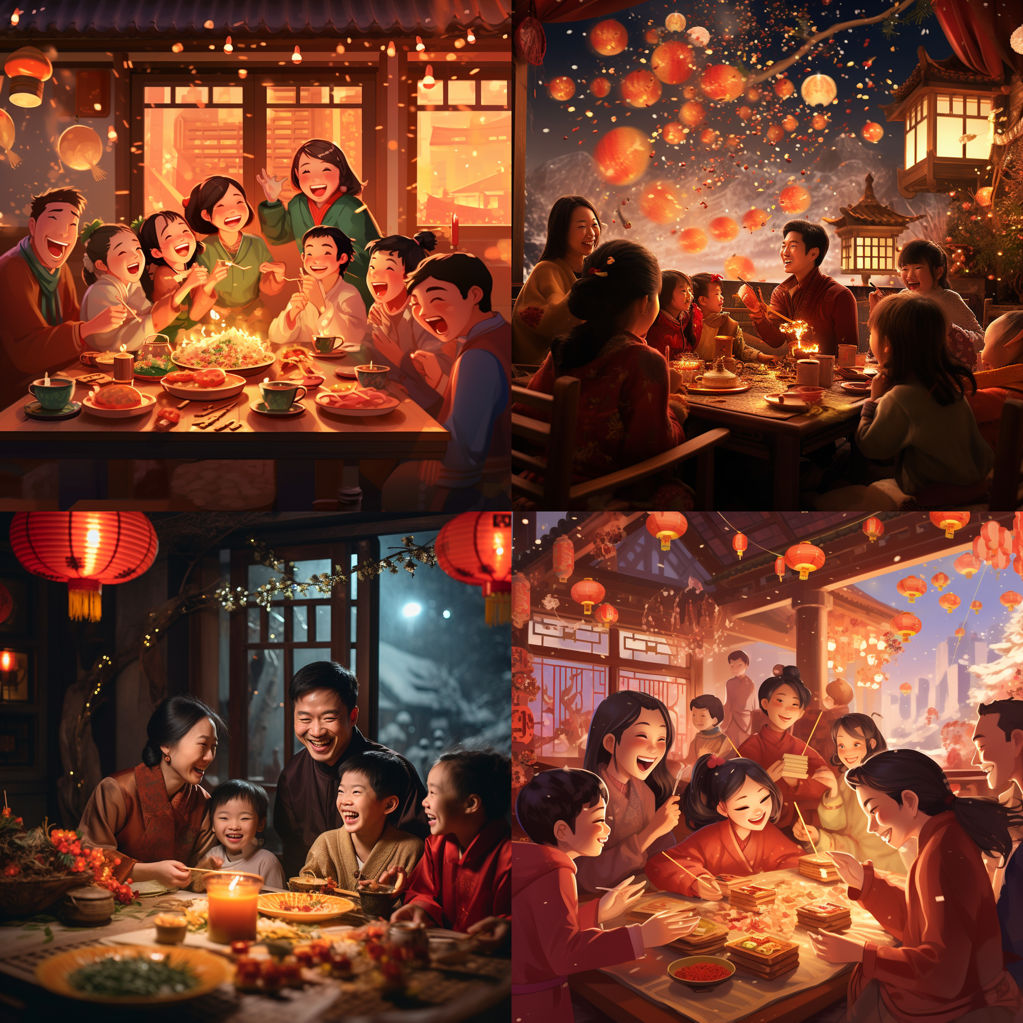 除夕夜，一家人团聚在中国传统的红色装饰的屋内，桌上摆满了丰盛的年夜饭。年轻人们穿着传统的汉服，老人们笑容满面，孩子们开心地玩耍。窗外是烟花绽放的美景，明亮的彩灯映衬着温馨的氛围。低角度拍摄，广角镜头，柔光，静态，喜庆，温暖，团圆，快乐，红色，传统。