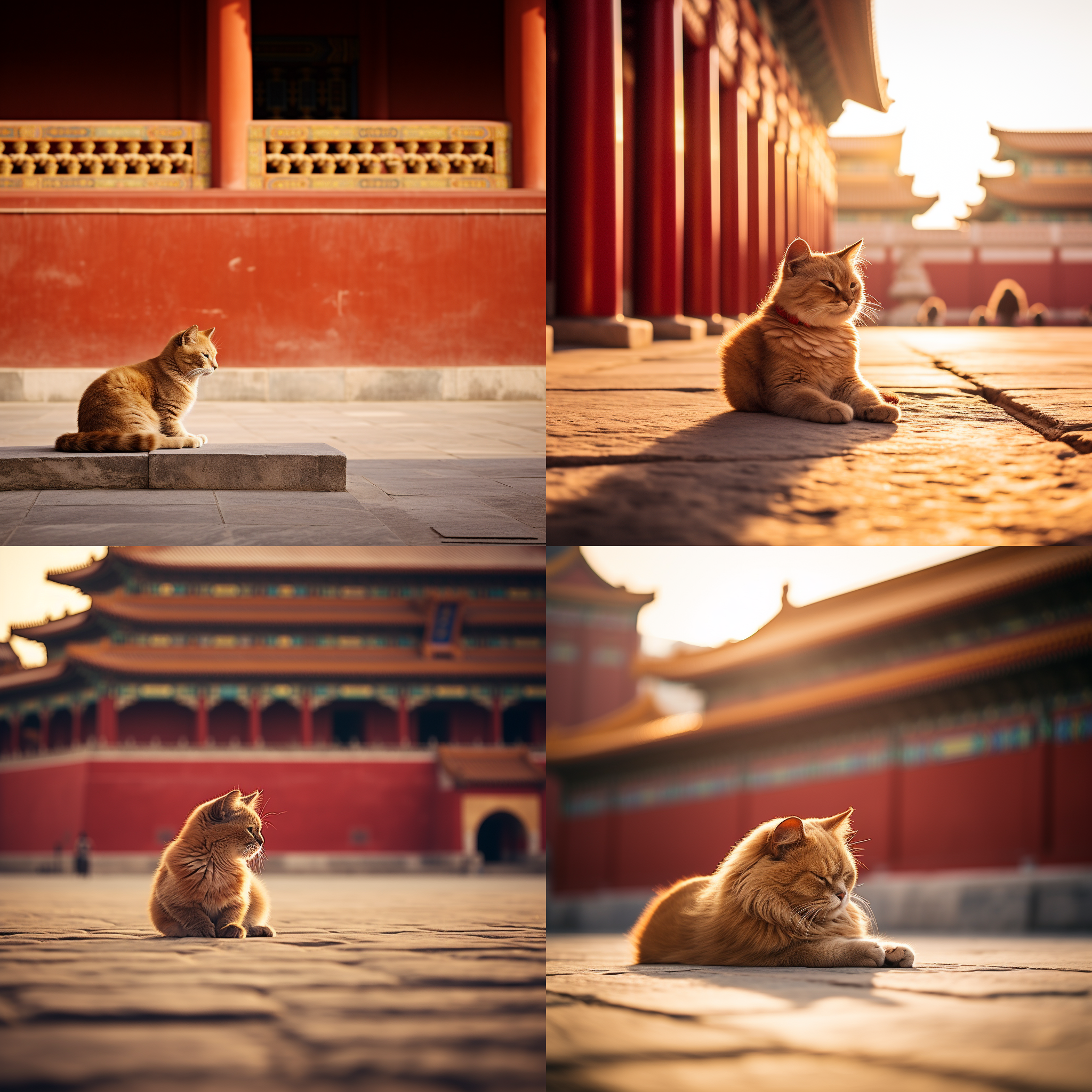 故宫里的猫，静静躺在红墙前，望着远处的角楼。整个画面以对角线构图，突出了猫与建筑之间的和谐。使用广角镜头捕捉到宏伟的故宫建筑，配合柔和的侧光照射，营造出古典而庄重的氛围。色调以暖色为主，温暖而宁静。整体表达出故宫的历史底蕴与猫的悠然自得。