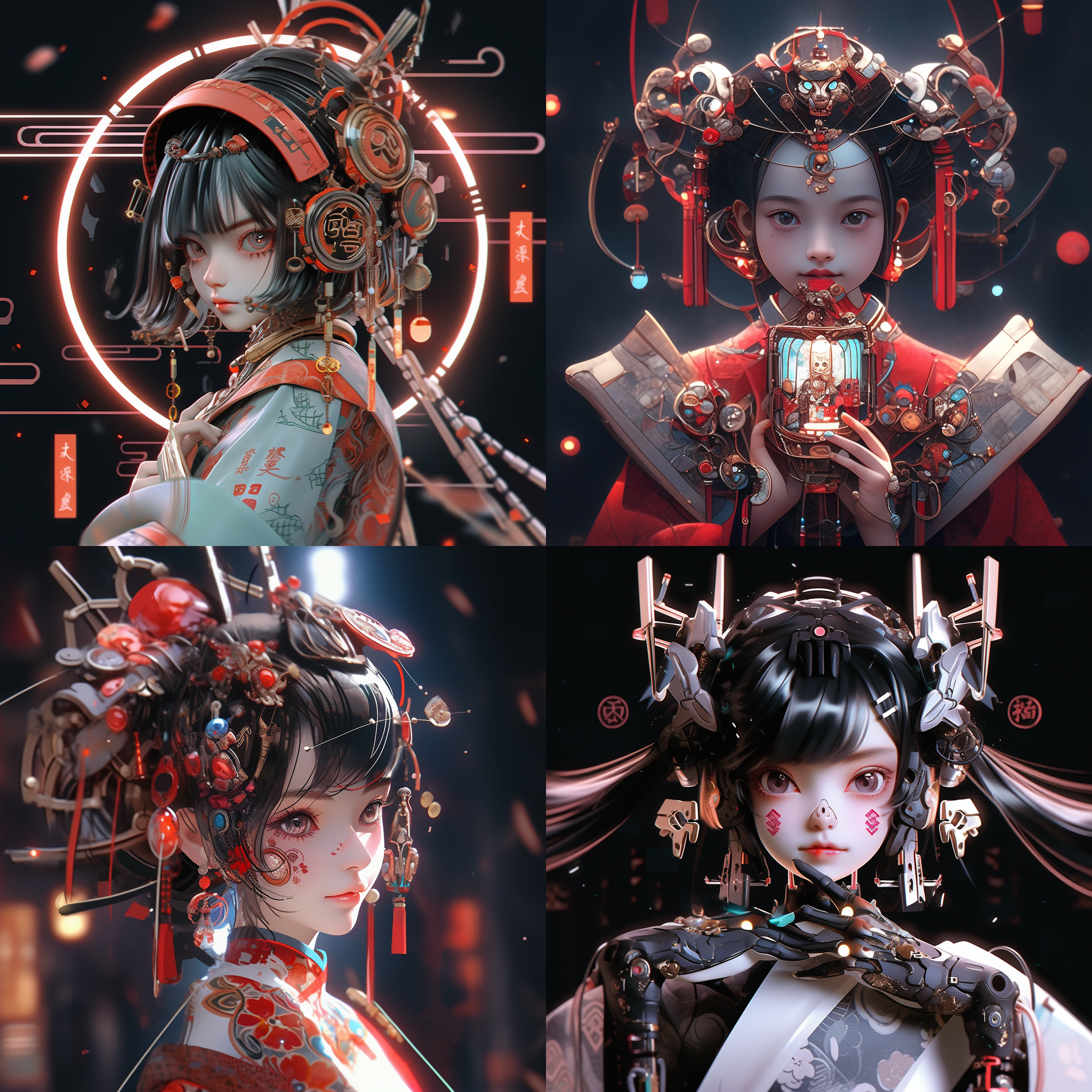  一个年轻女孩，机器人3d造型脸，皮肤白皙，五官精致。汉服与机甲、赛博朋克、投影全息展示、全息光晕、拉格多尔之环、腰间环绕全息丝带、荧光、震动、爆炸、特效、中国武术动作、功夫、太极3d美术、oc渲染、超现实、丰富背景、逼真细节、细节描绘、细微细节、未来主义、3d渲染、虚幻引擎、超高清、8k—niji 5—s 180