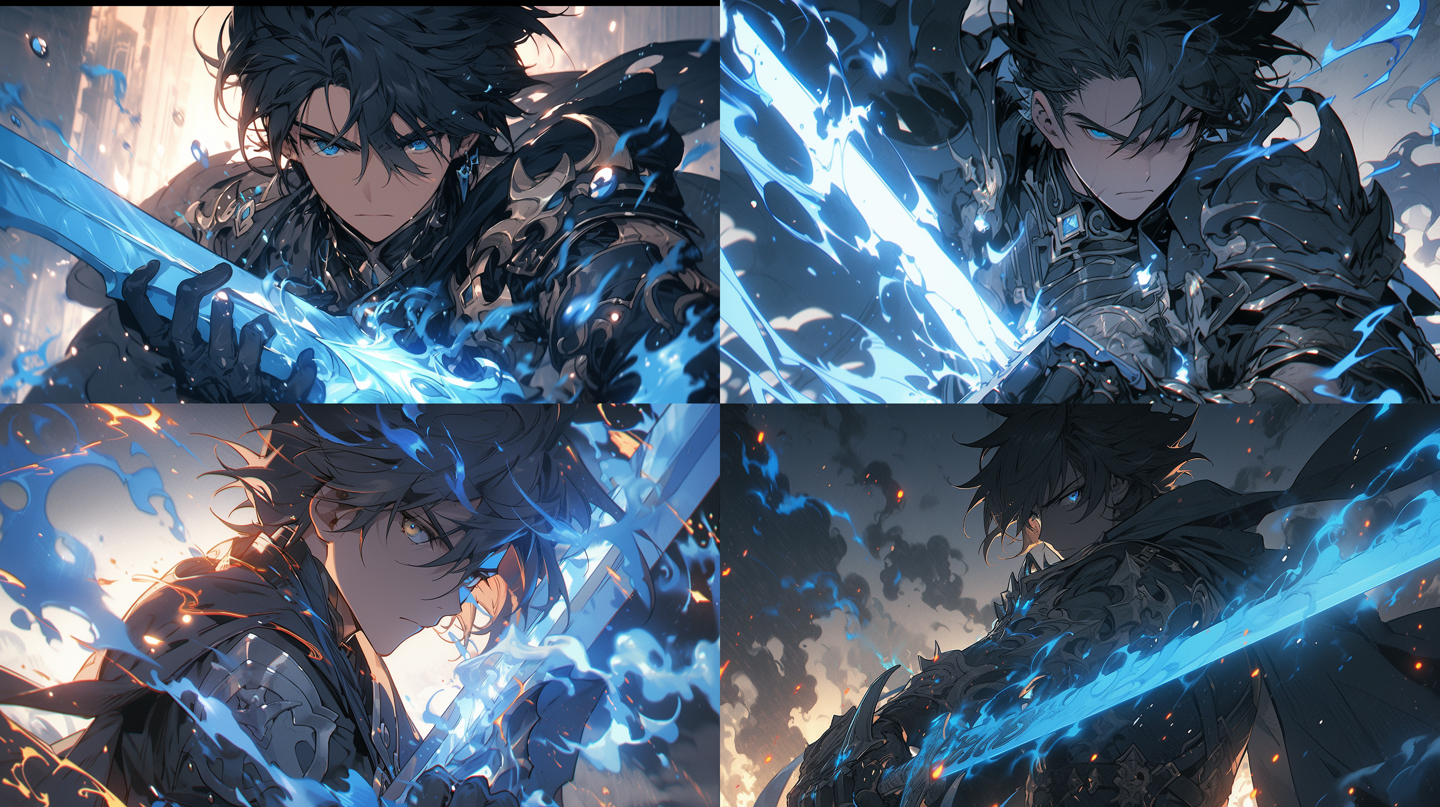 黑衣古风少年，挥动铁锤锻造长剑，青色的火焰，脸部细节，身体细节，动作流畅，极高分辨率，蓝色火焰，钢铁，熔炉，帅哥，工笔画风格，动漫质感，镜头感，故事感