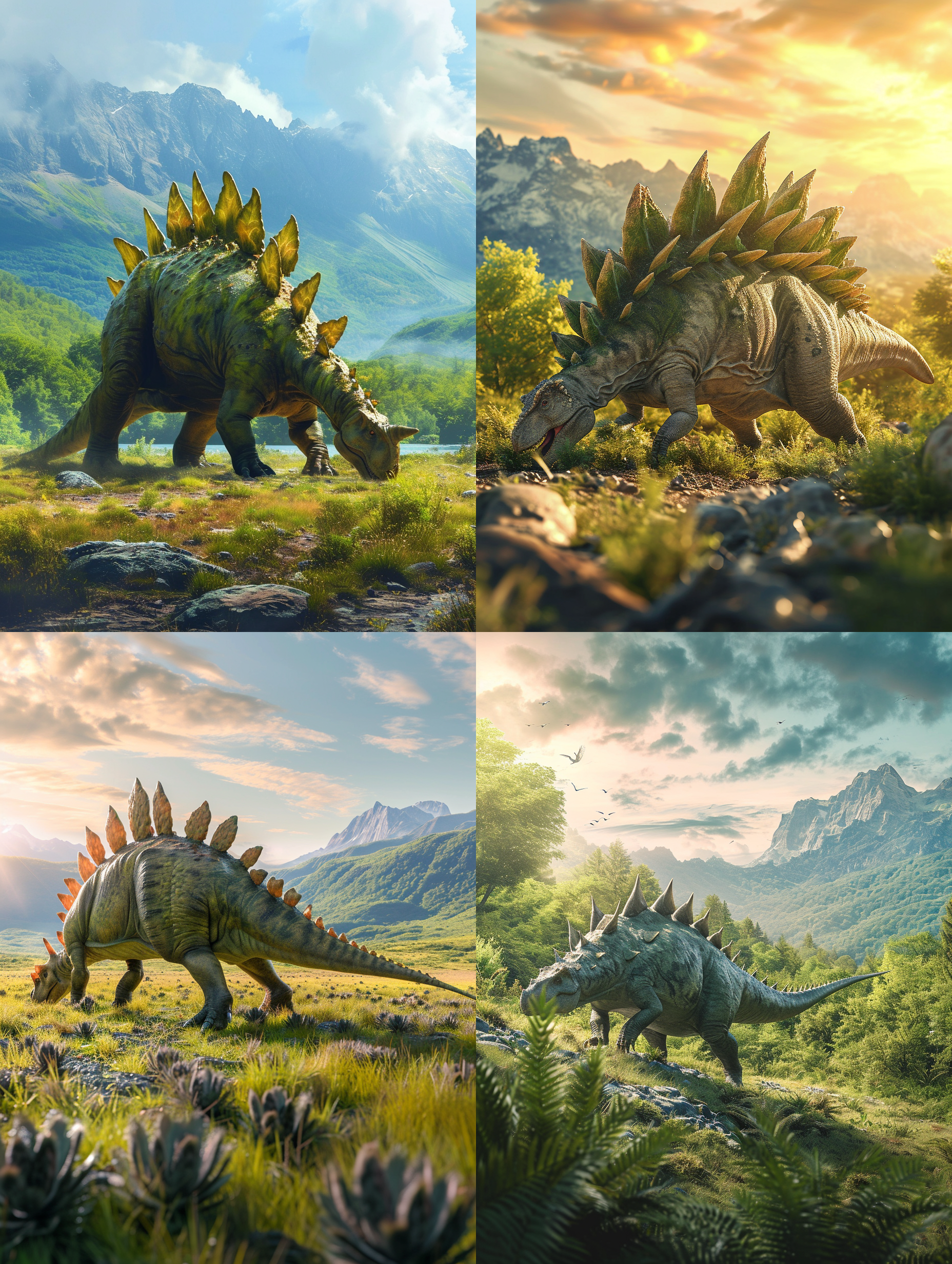 侏罗纪stegosaurus，在开阔的草原上漫步，阳光透过树叶洒在它鳞片覆盖的背部上。巨大的植物食性恐龙，鲜明的绿色与古老的地貌相衬托。远处山脉勾勒出壮丽的背景。远景构图，自然光线，细节丰富，静态，稳定，和平，自然色调，底片效果。