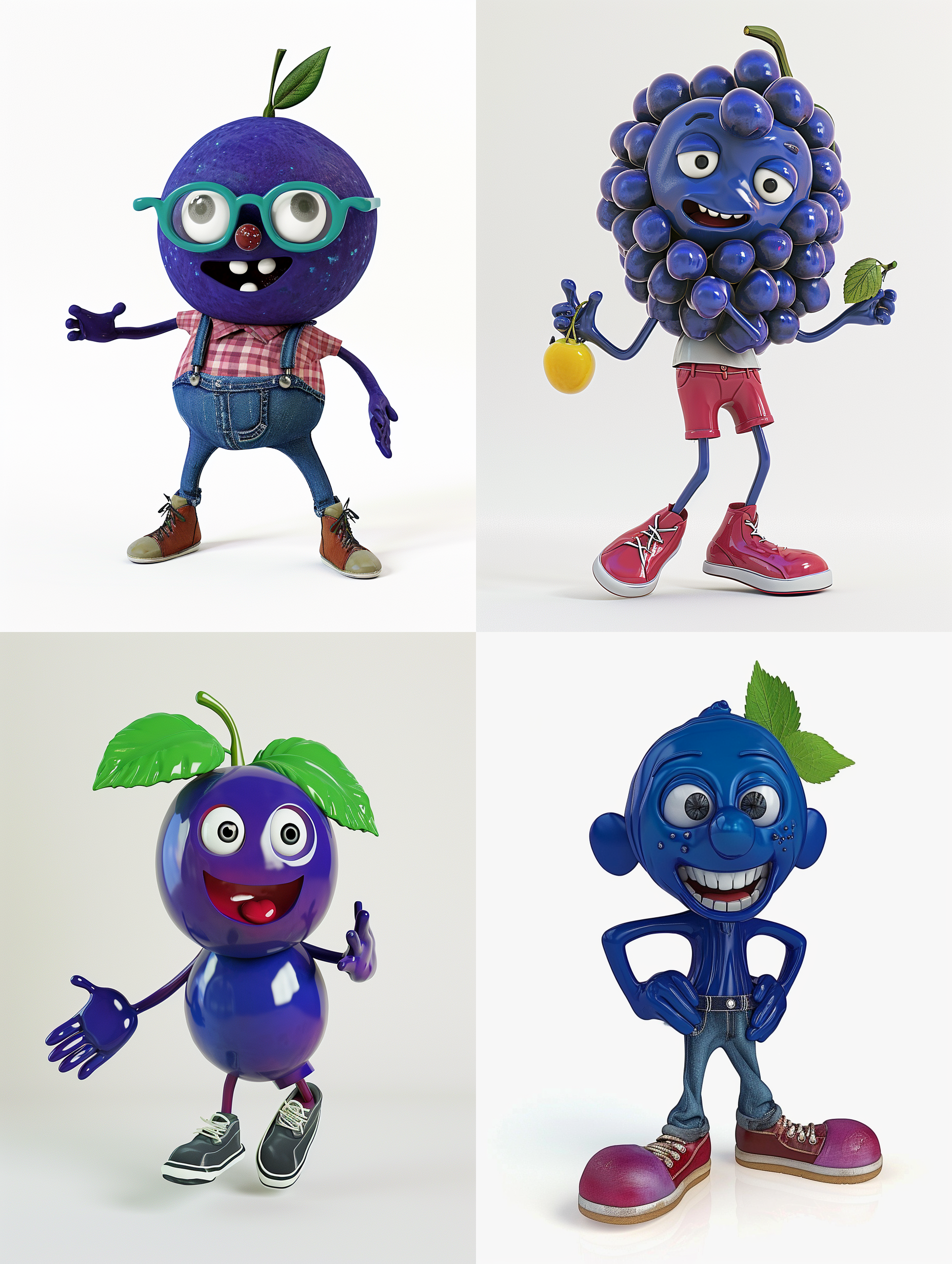 卡通蓝莓，卡通风格，穿着时尚衣服，粘土材质，c4d渲染，鲜明色彩，清晰细节，柔和光线，动感十足，白色背景。 